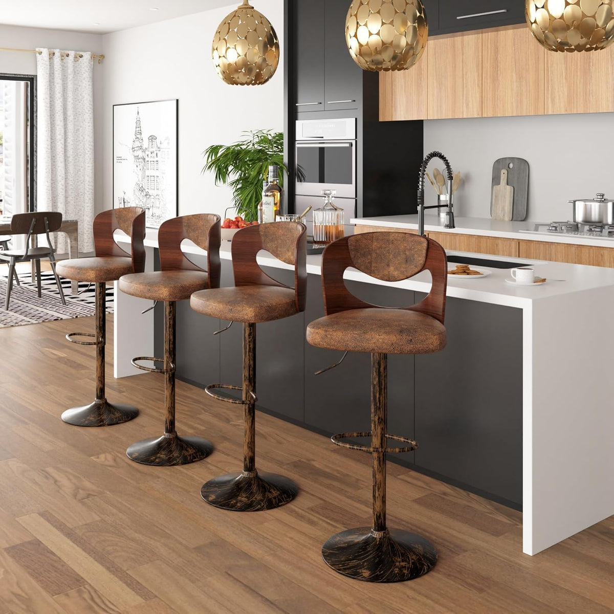 Stylish Set of Four Adjustable Height Swivel Barstools