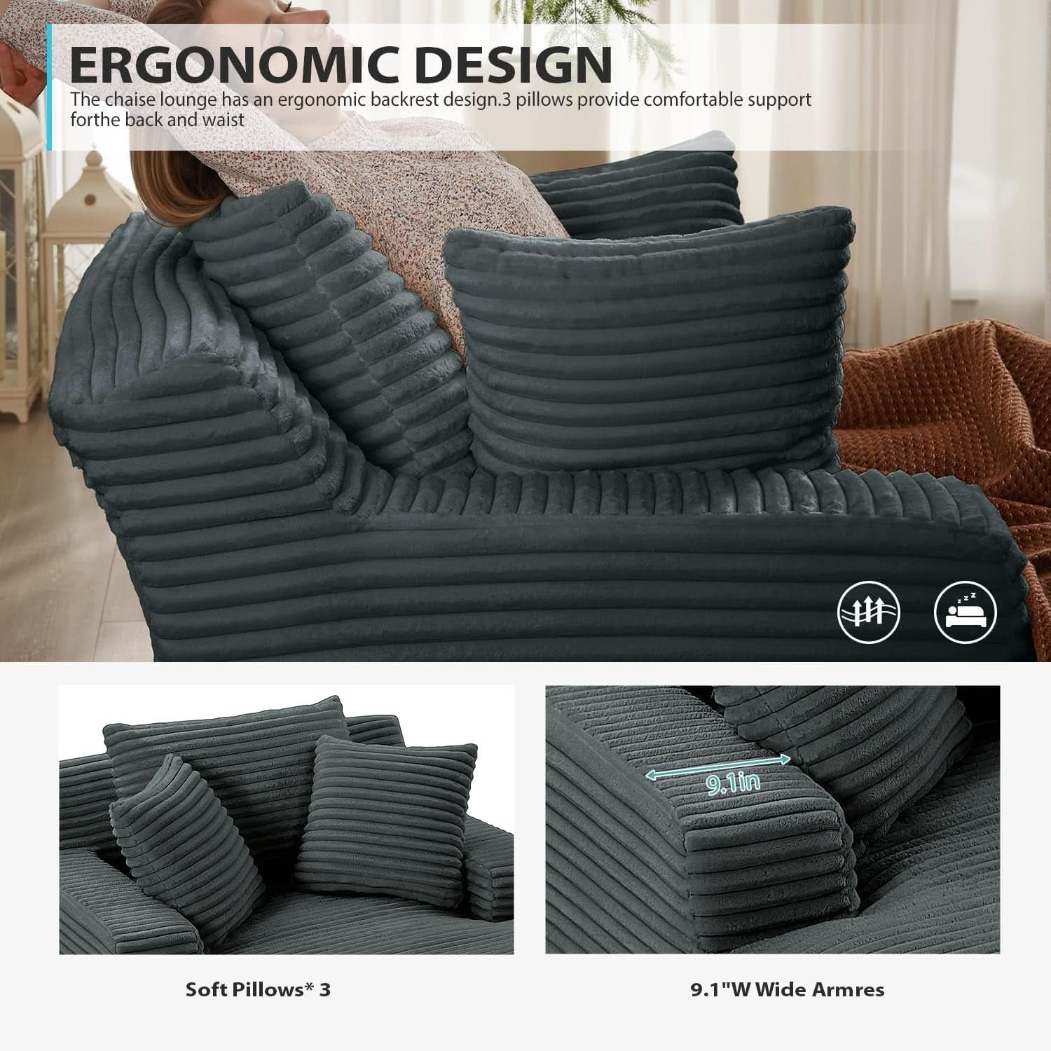 Sumptuously Oversized Dark Grey Chaise Lounge Chair