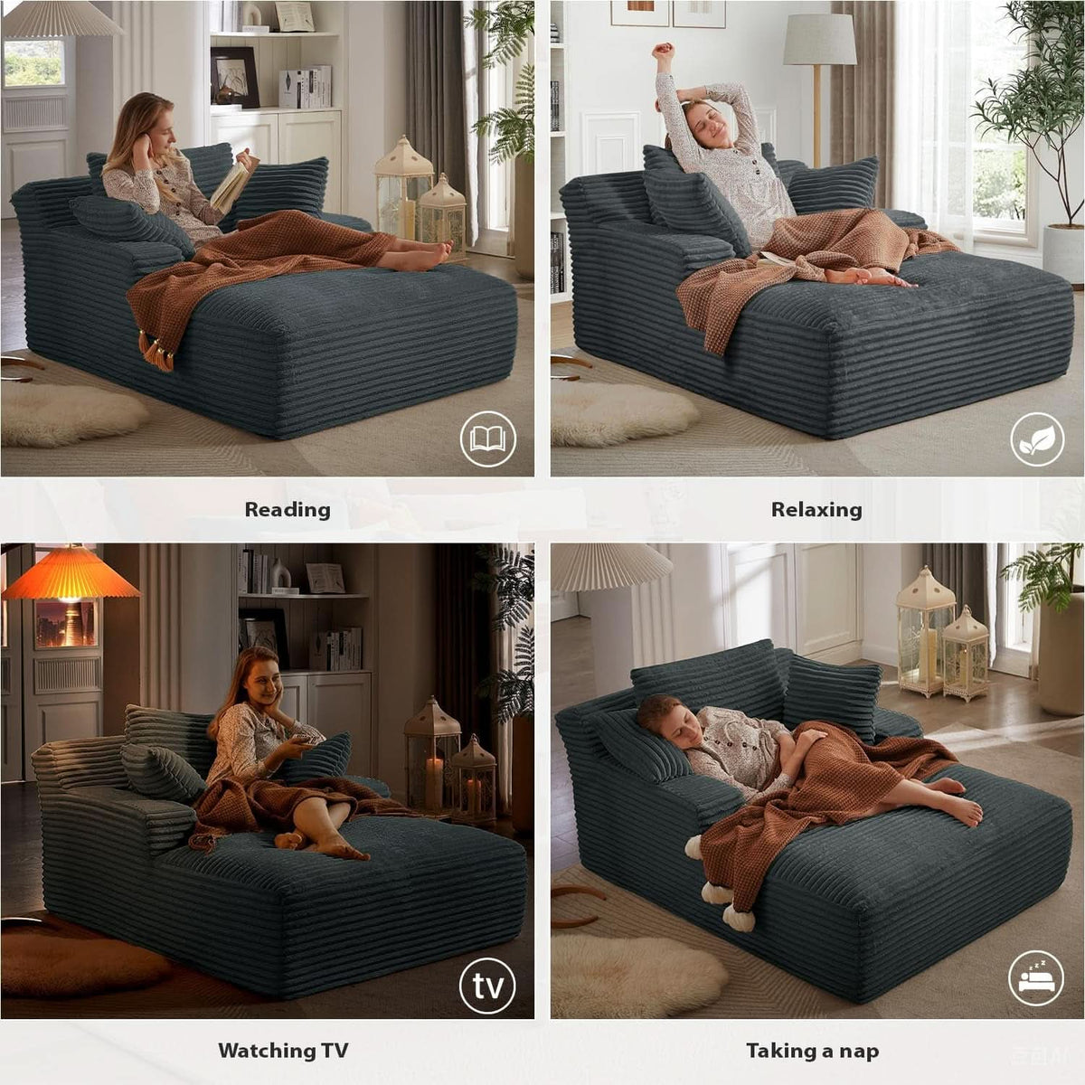 Sumptuously Oversized Dark Grey Chaise Lounge Chair