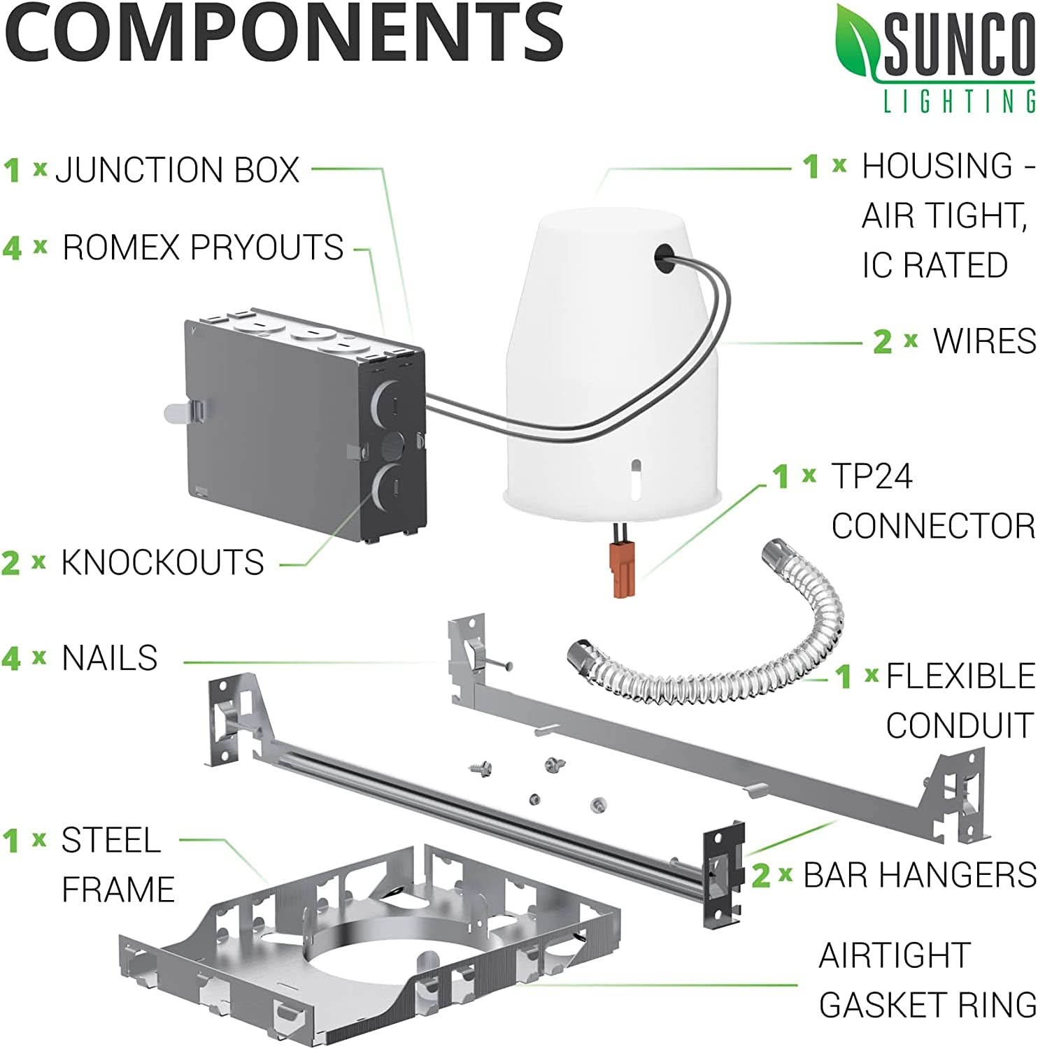 Sunco 24 Pack 4 Inch Airtight IC Rated New Construction Recessed Lighting Housings