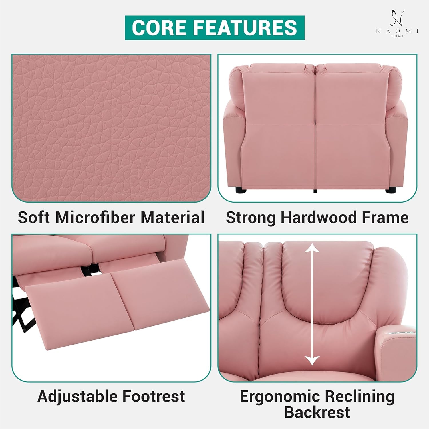 Suri Kids Recliner Loveseat Pink With Cup Holders Playtime