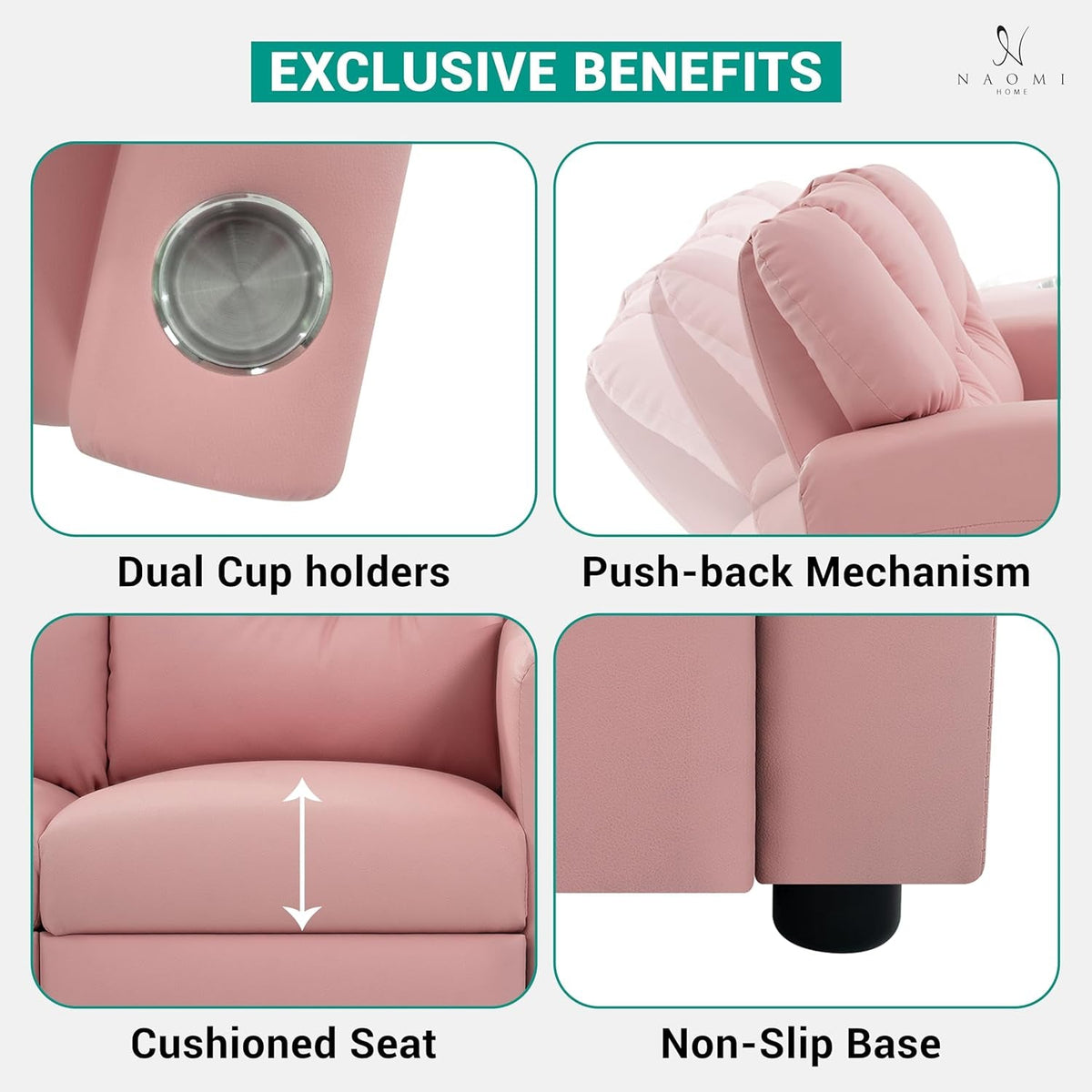 Suri Kids Recliner Loveseat Pink With Cup Holders Playtime