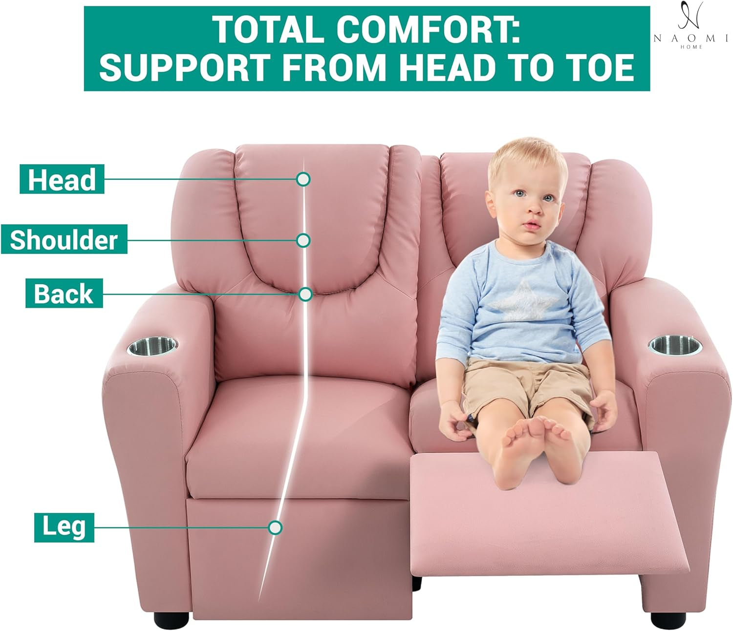 Suri Kids Recliner Loveseat Pink With Cup Holders Playtime