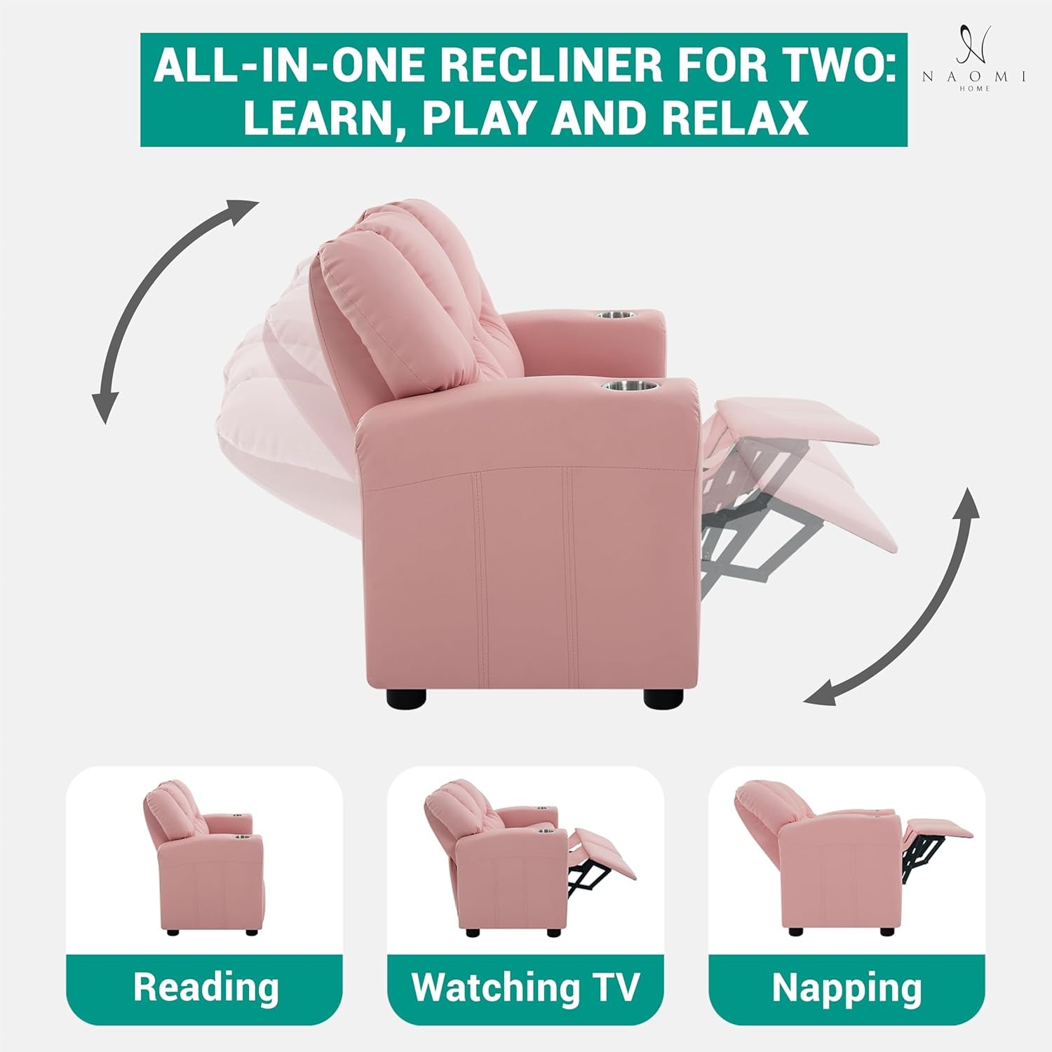 Suri Kids Recliner Loveseat Pink With Cup Holders Playtime