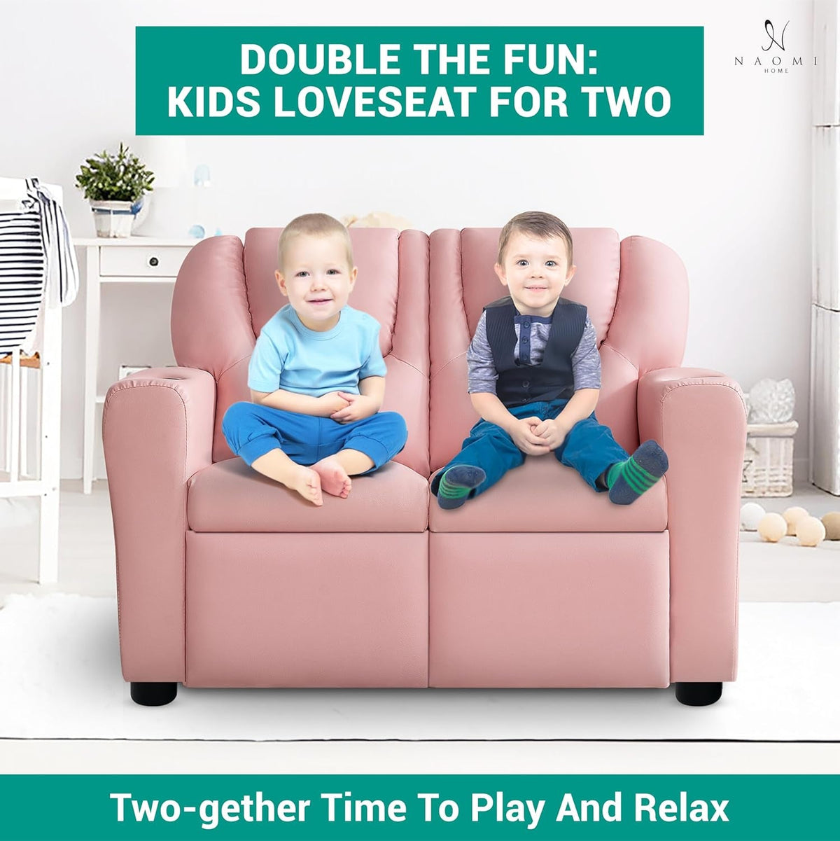 Suri Kids Recliner Loveseat Pink With Cup Holders Playtime