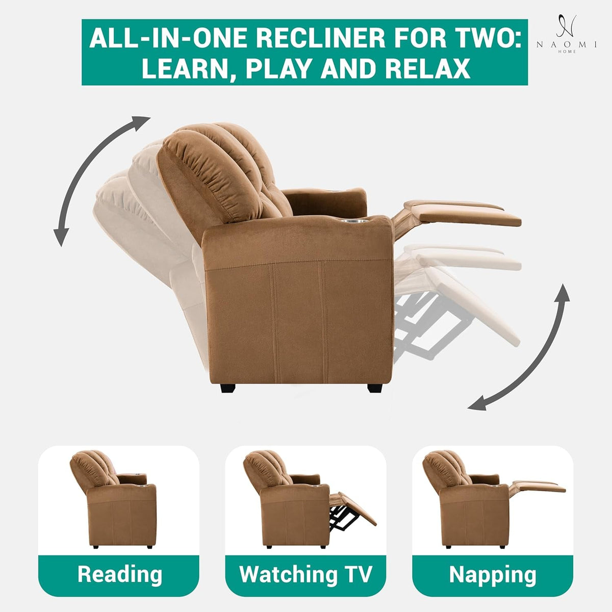 Suri Toddler Recliner Loveseat Brown Two Seater Cup Holders