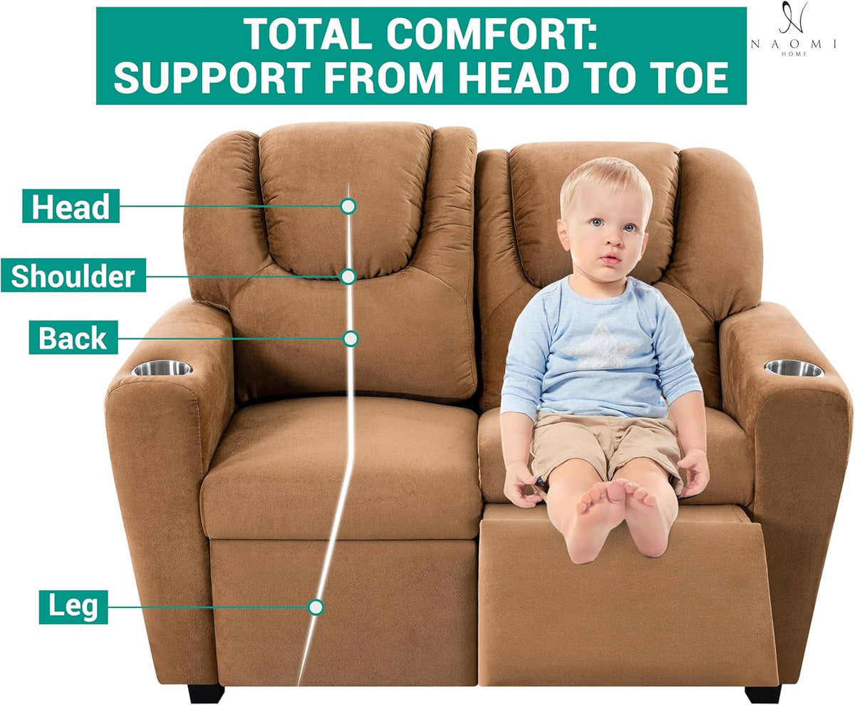 Suri Toddler Recliner Loveseat Brown Two Seater Cup Holders