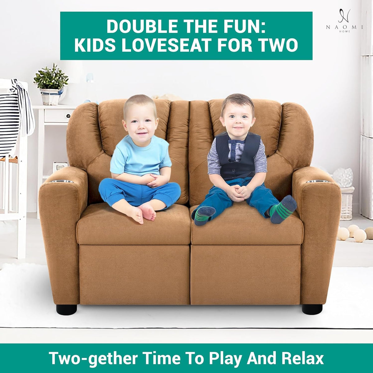 Suri Toddler Recliner Loveseat Brown Two Seater Cup Holders