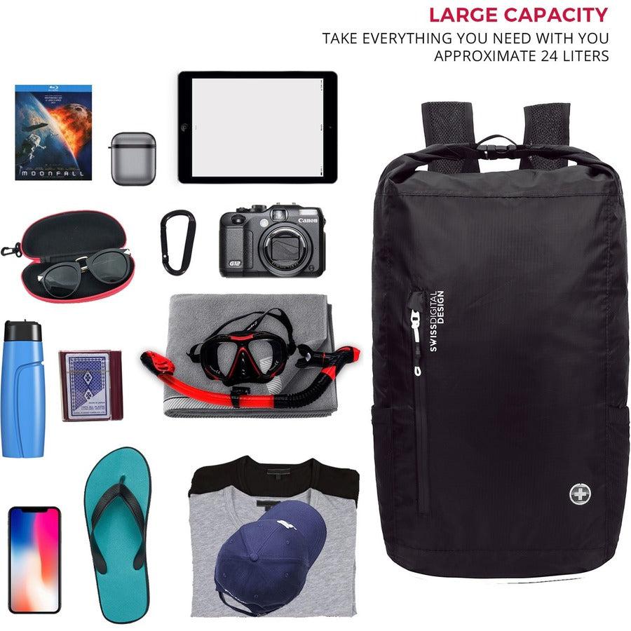 Swissdigital Design Goose SD1594-01 Carrying Case (Backpack) for 16" Apple iPad Notebook, Tablet, MacBook Pro, Cell Phone, Accessories - Black