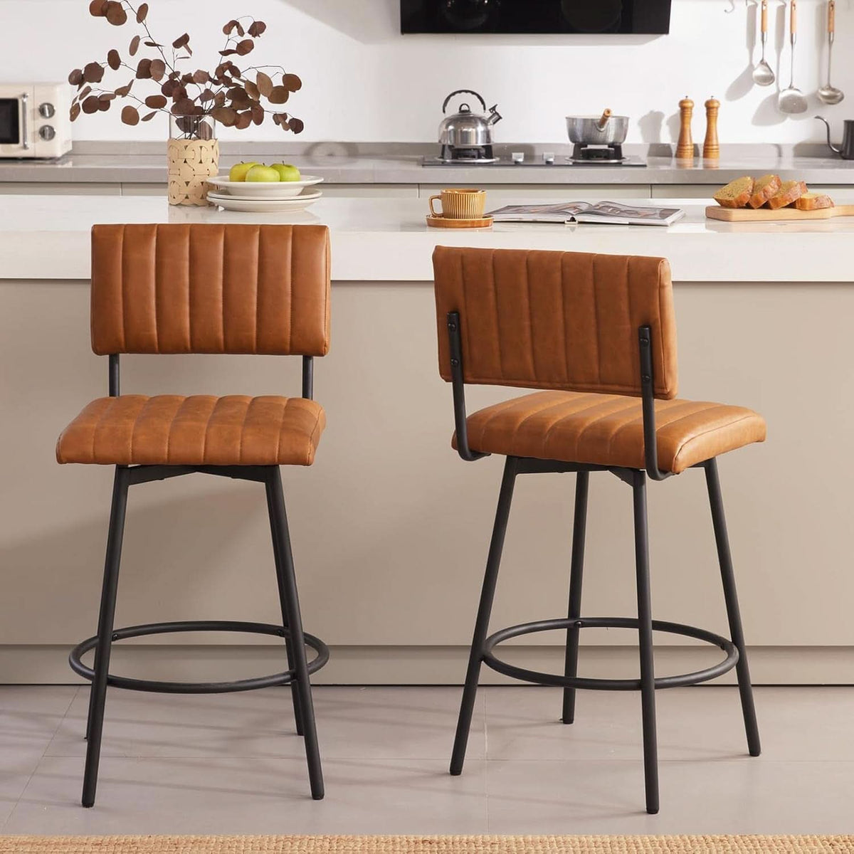 Swivel 26 Inch Counter Stool With Back Faux Leather Cognac