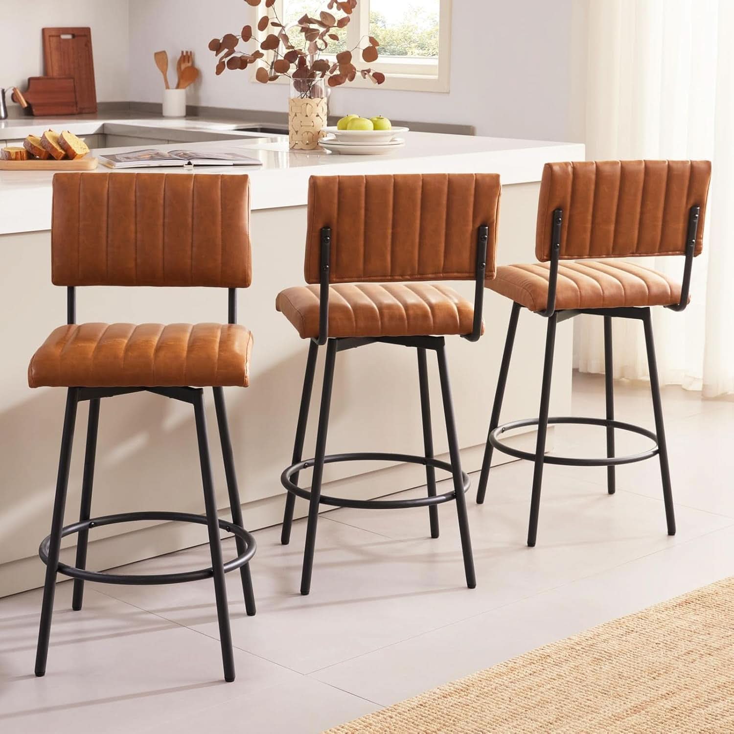 Swivel 26 Inch Counter Stool With Back Faux Leather Cognac