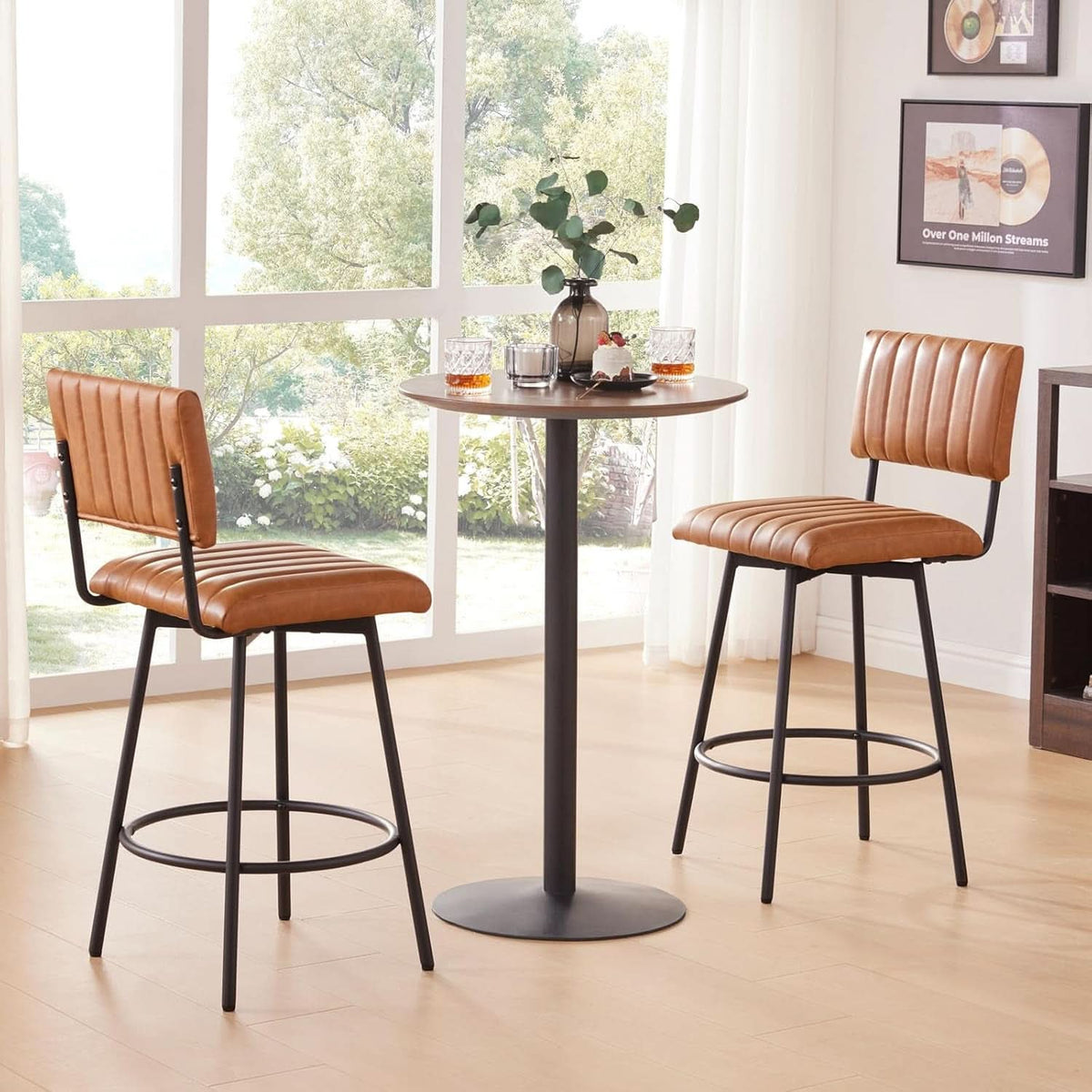 Swivel 26 Inch Counter Stool With Back Faux Leather Cognac