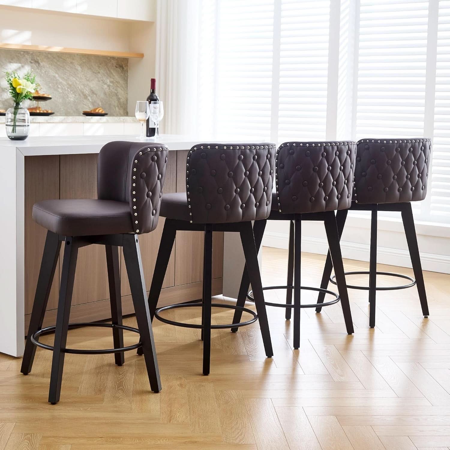 Swivel Bar Stool Set Of 4 Brown Faux Leather Wood Legs
