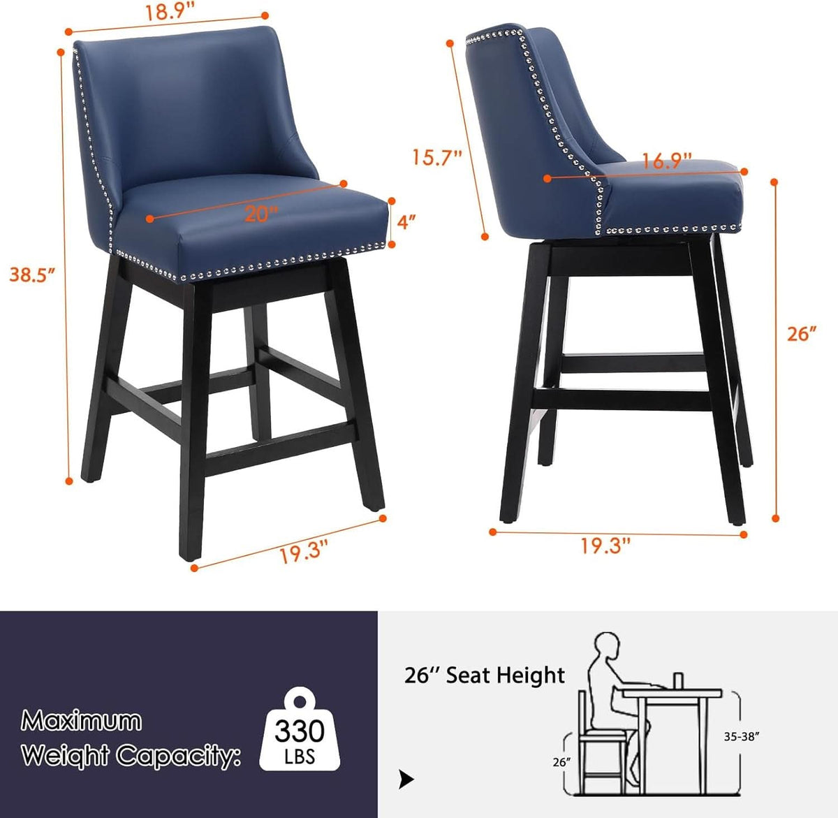 Swivel Bar Stools 26 Inch Counter Height Blue Faux Leather