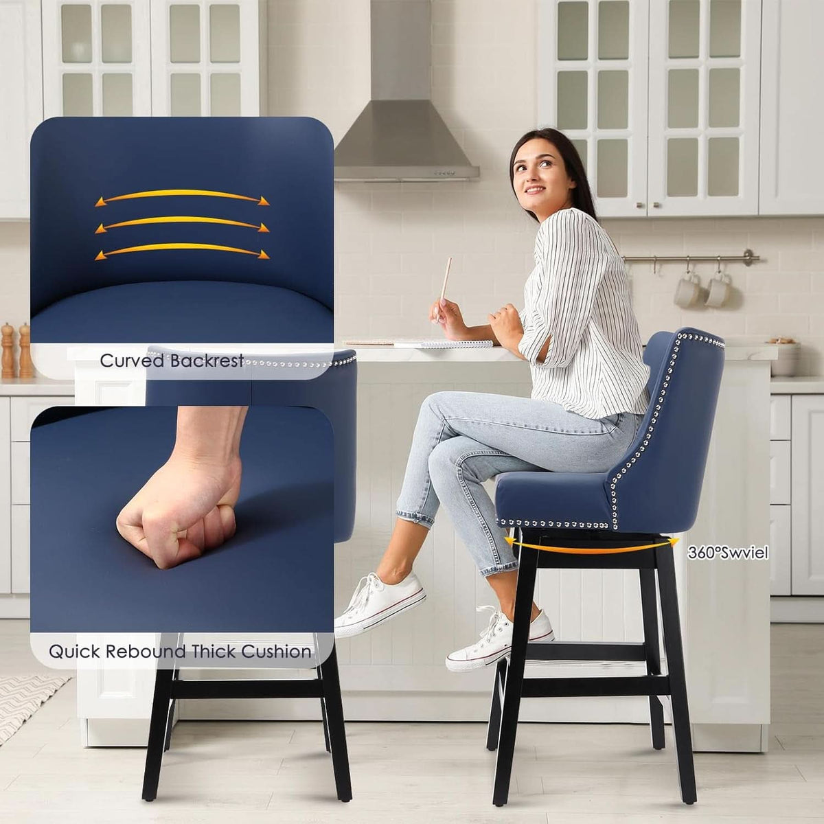 Swivel Bar Stools 26 Inch Counter Height Blue Faux Leather