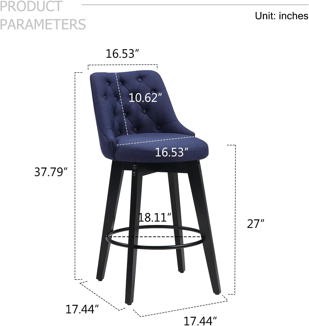 Swivel Bar Stools 27 Inch Linen Upholstered With Backs Set Of 2 Blue