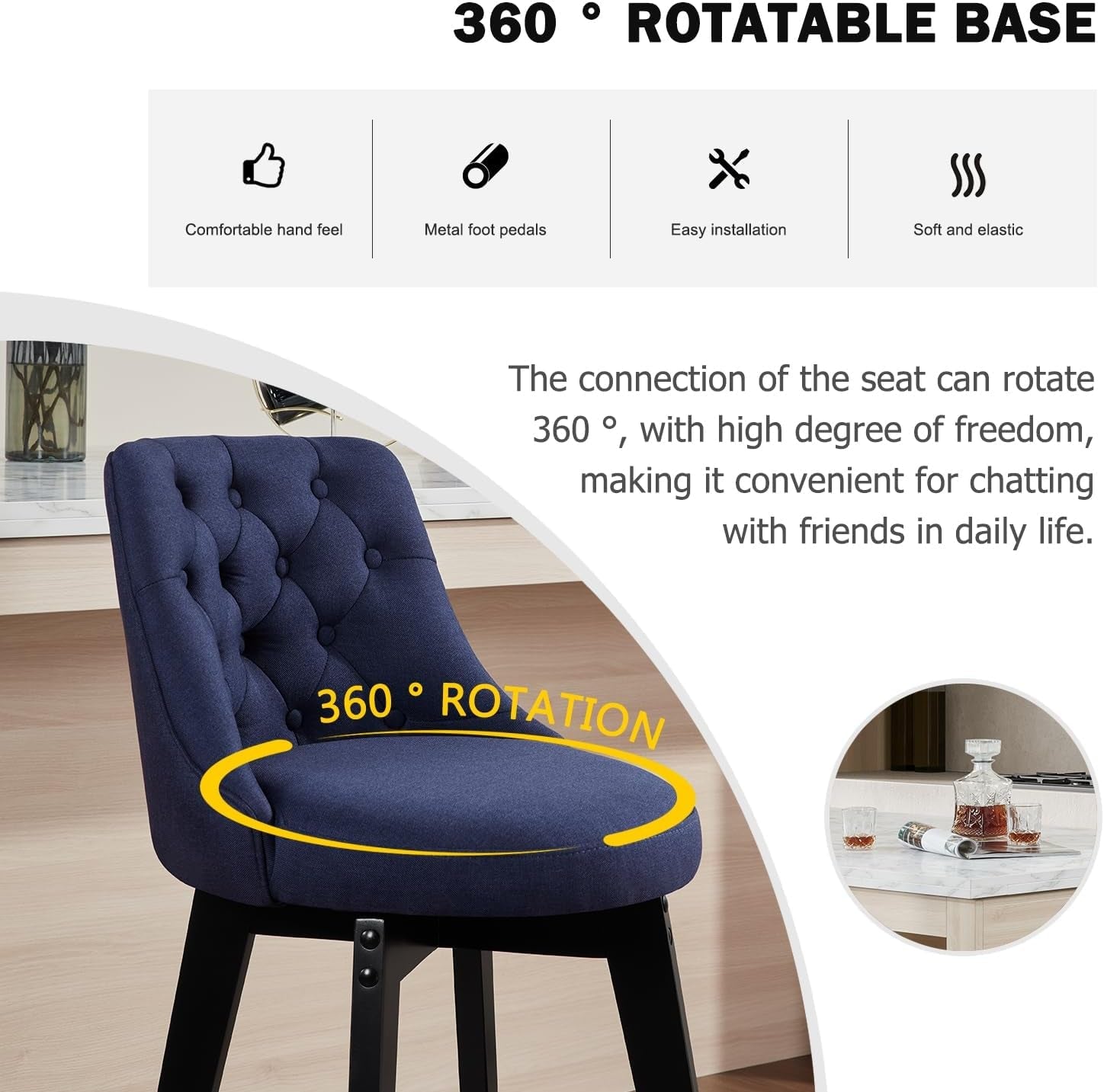 Swivel Bar Stools 27 Inch Linen Upholstered With Backs Set Of 2 Blue