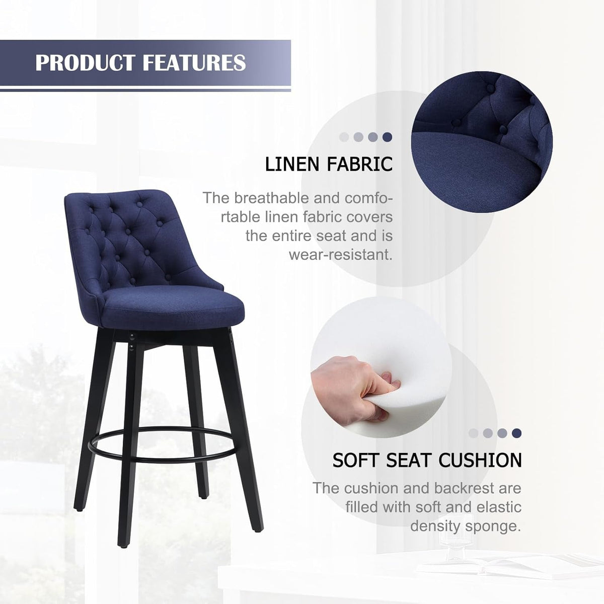 Swivel Bar Stools 27 Inch Linen Upholstered With Backs Set Of 2 Blue