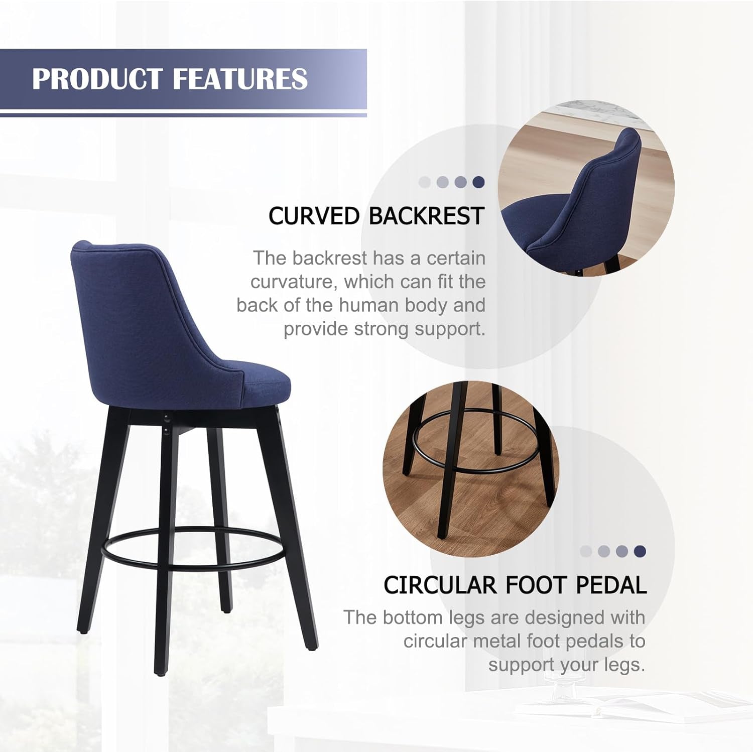 Swivel Bar Stools 27 Inch Linen Upholstered With Backs Set Of 2 Blue