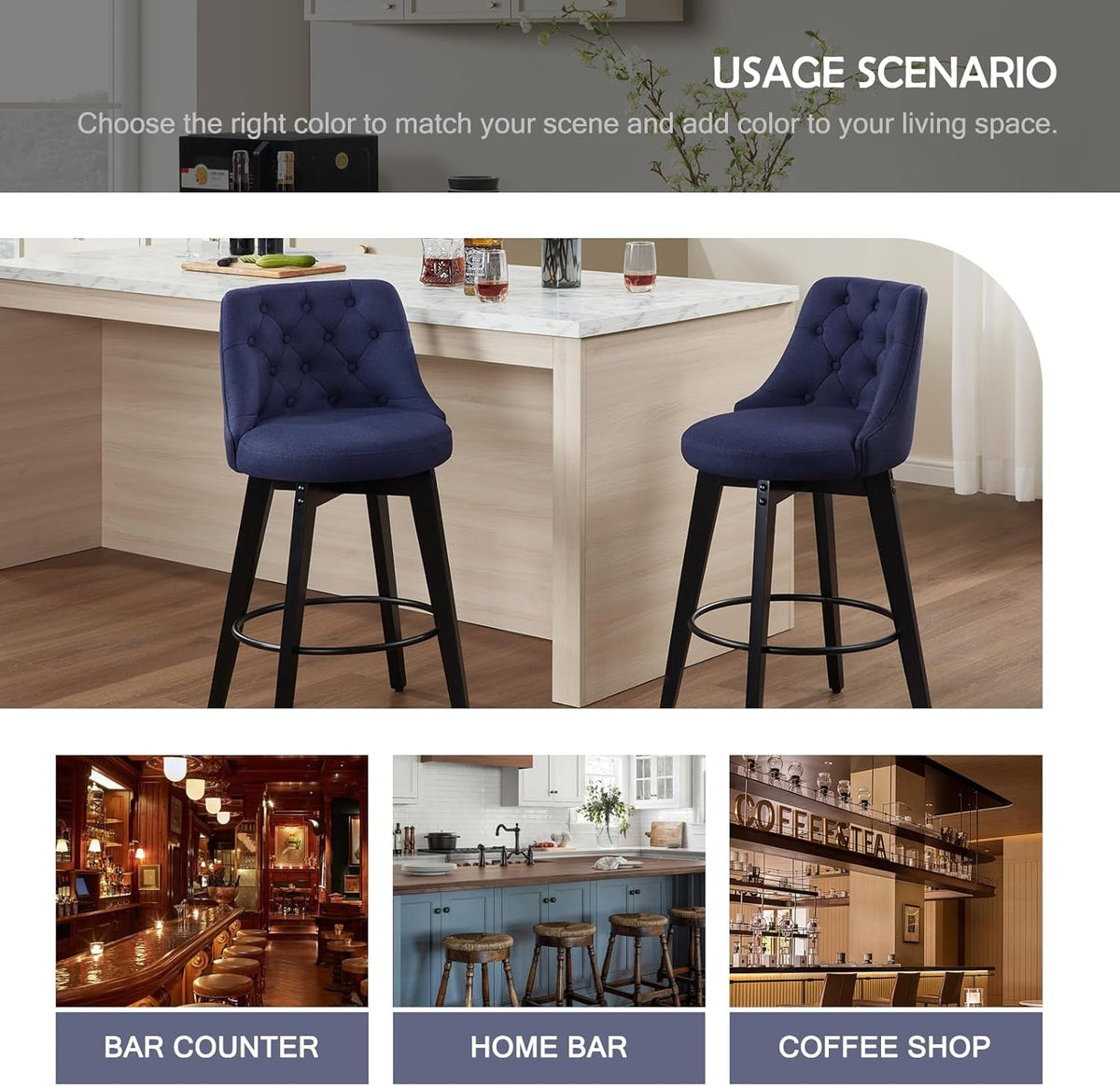 Swivel Bar Stools 27 Inch Linen Upholstered With Backs Set Of 2 Blue