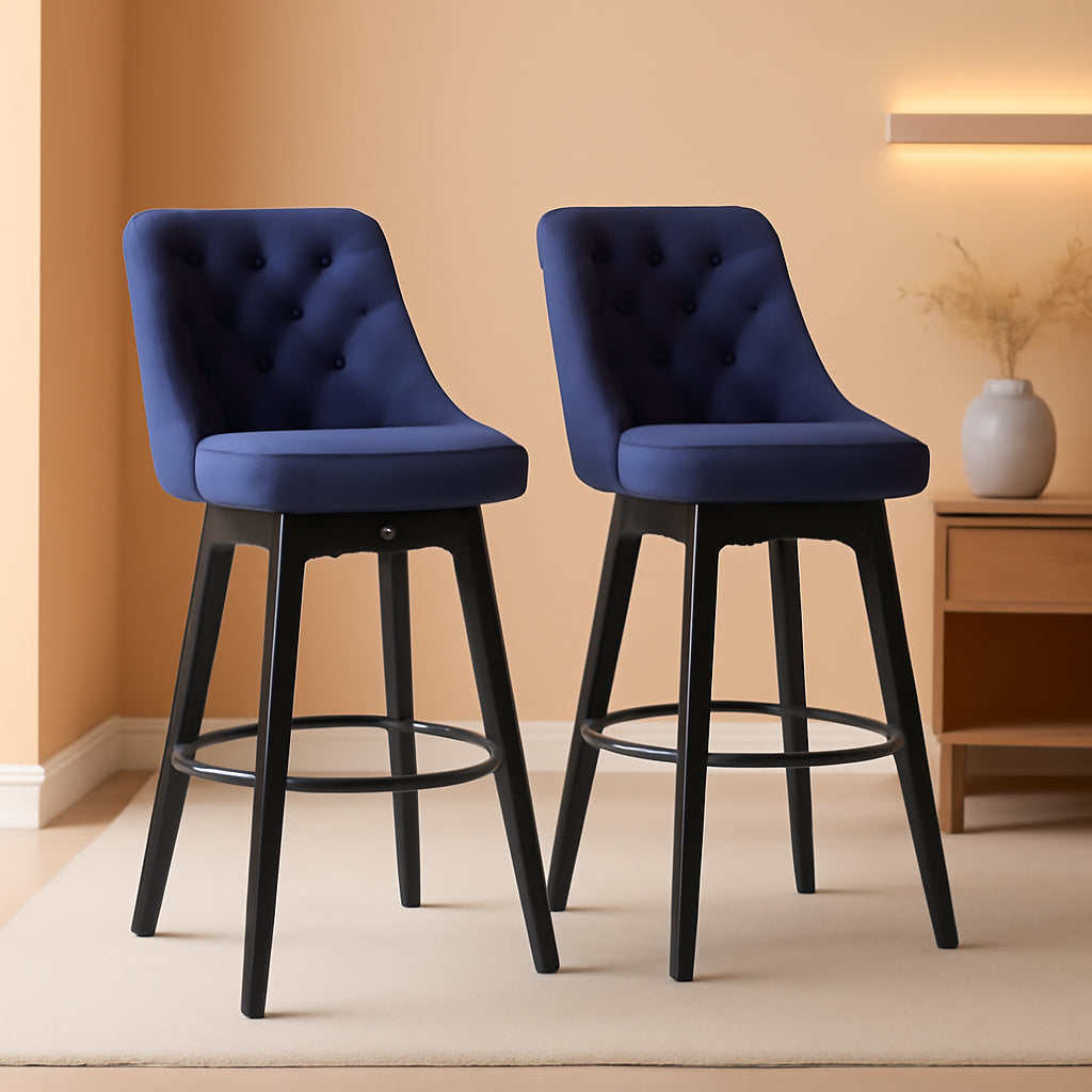 Swivel Bar Stools 27 Inch Linen Upholstered With Backs Set Of 2 Blue