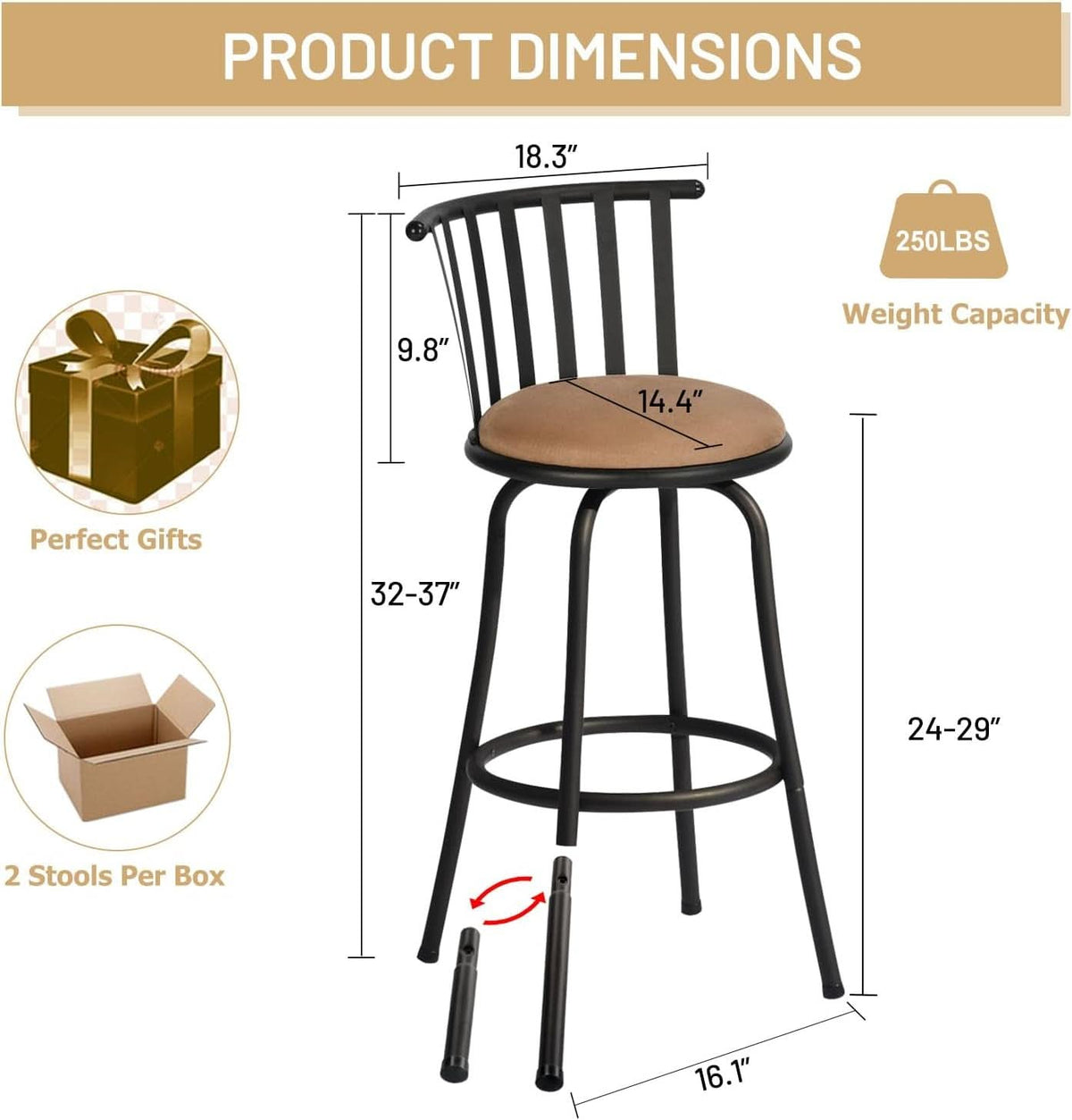 Swivel Bar Stools Set 3 Adjustable 24 To 29 Inches Brown