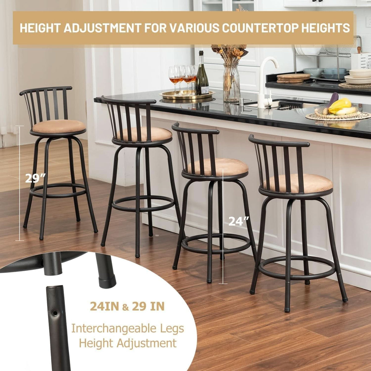 Swivel Bar Stools Set 3 Adjustable 24 To 29 Inches Brown