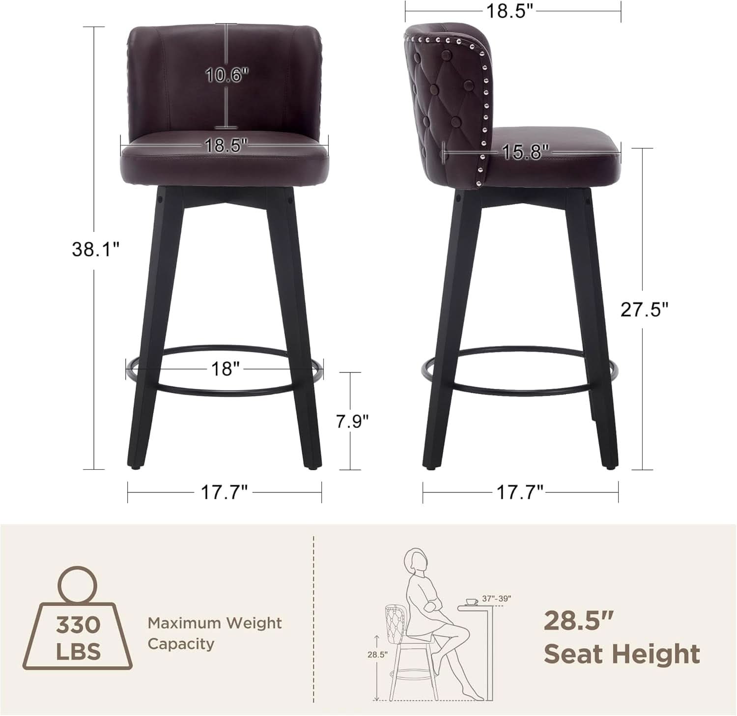 Swivel Bar Stools Set Of 3 Brown Counter Height 27.5in