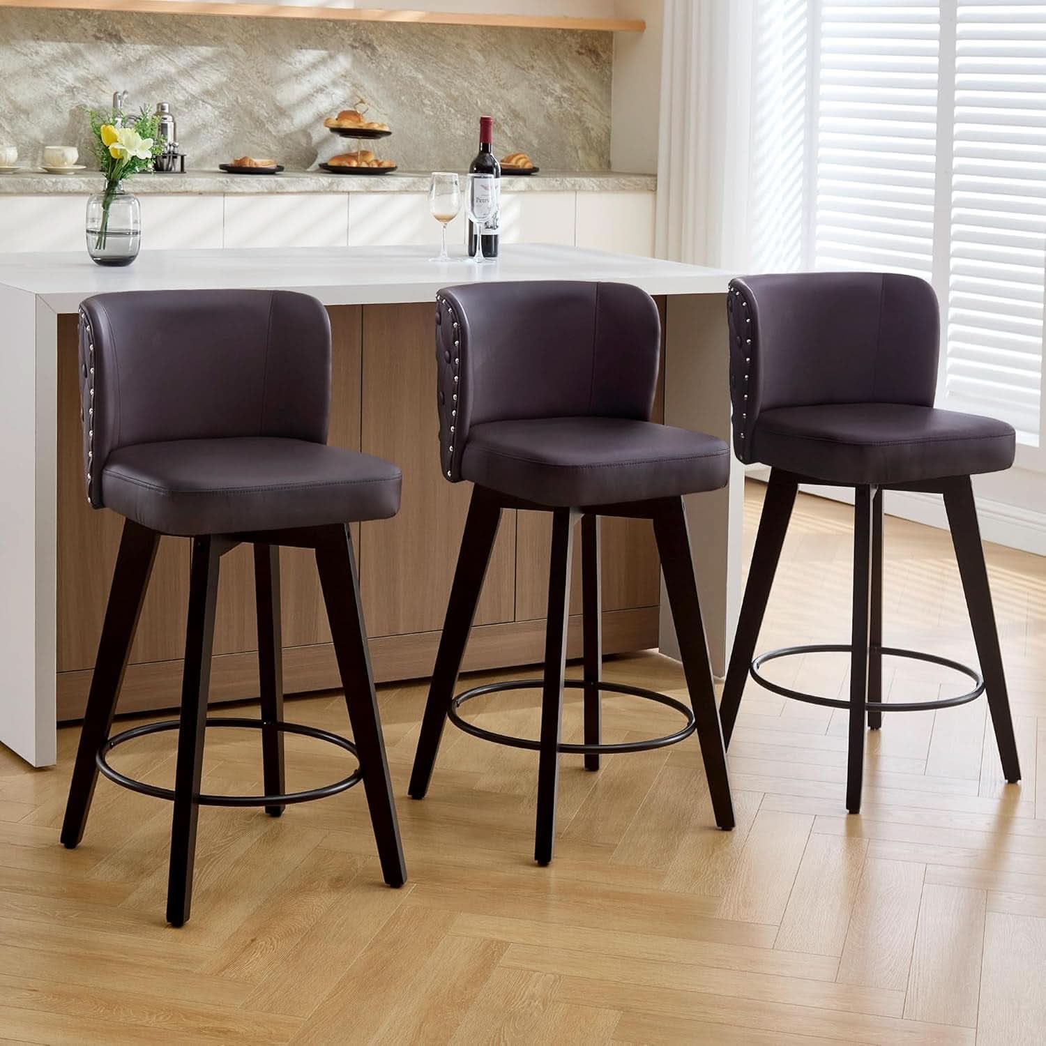 Swivel Bar Stools Set Of 3 Brown Counter Height 27.5in