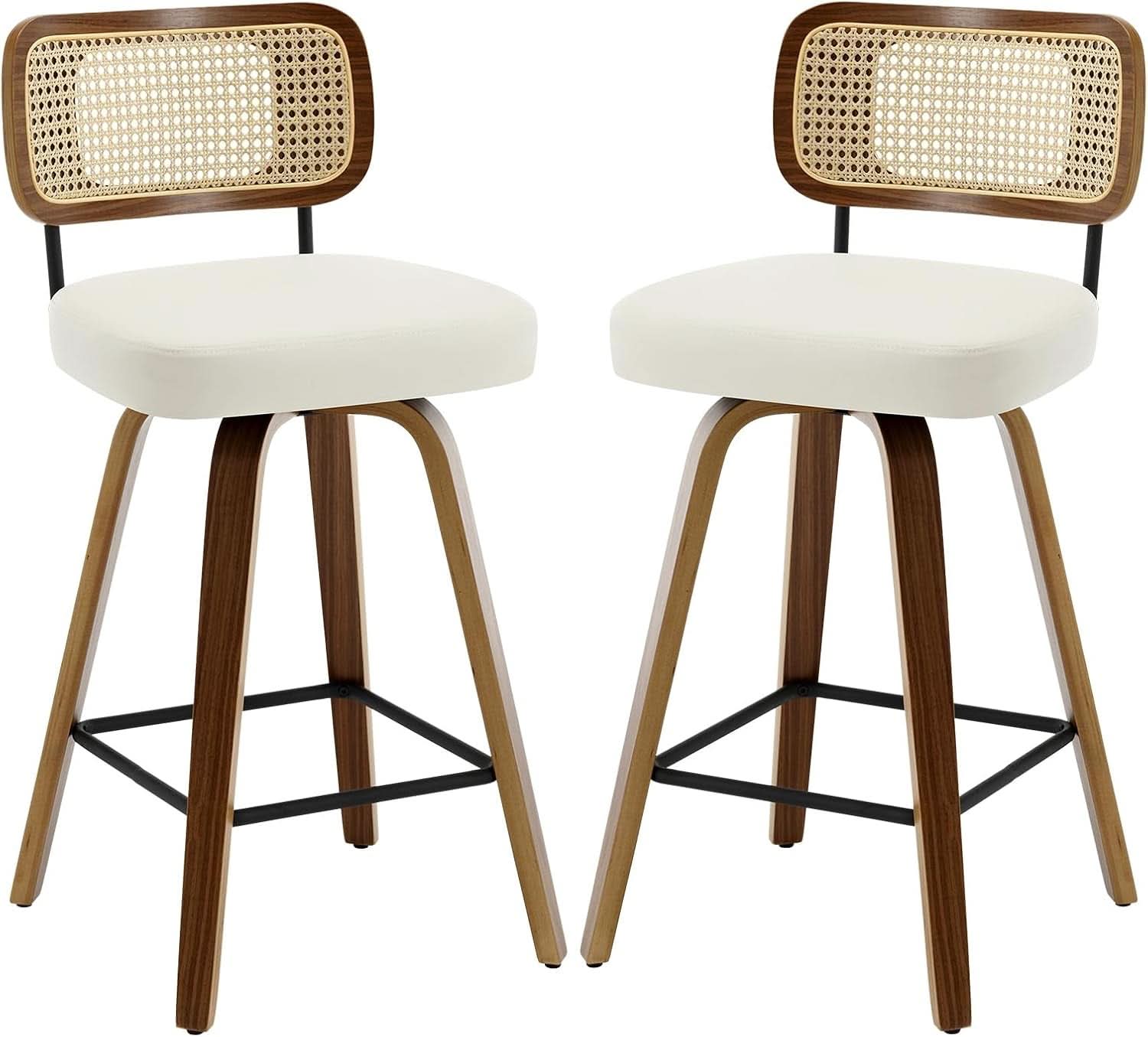 Swivel Counter Height Bar Stools Cream White Rattan Back