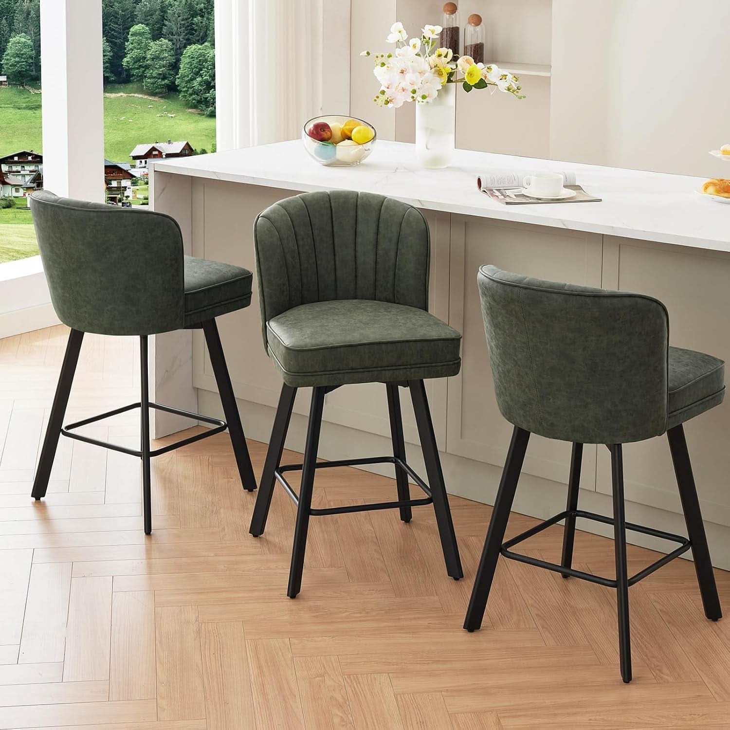 Swivel Counter Height Bar Stools Green Faux Leather