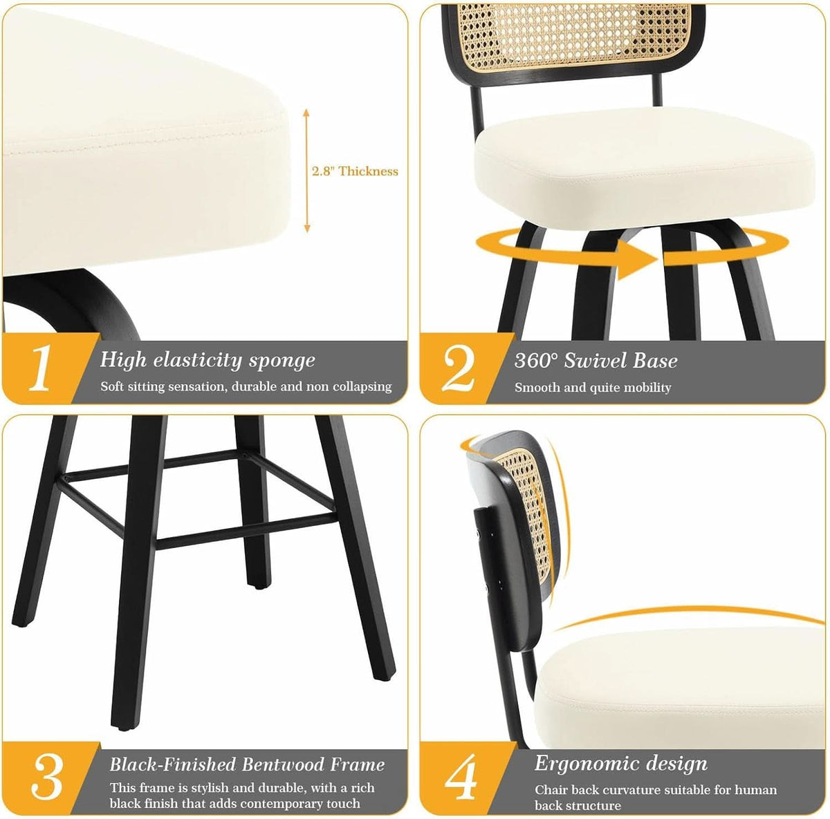 Swivel Counter Height Bar Stools Set Of 4 26-Inch Cream White Upholstery