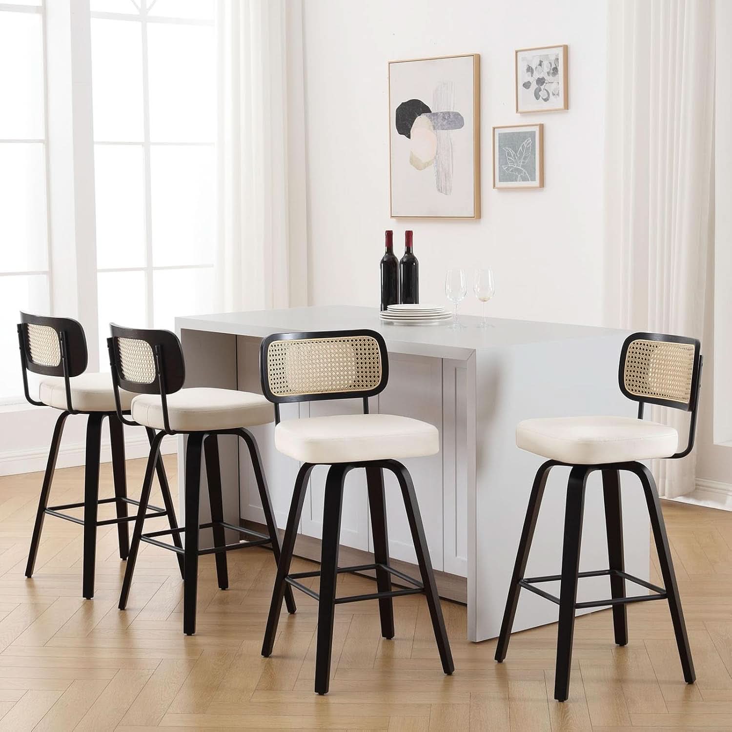 Swivel Counter Height Bar Stools Set Of 4 26-Inch Cream White Upholstery