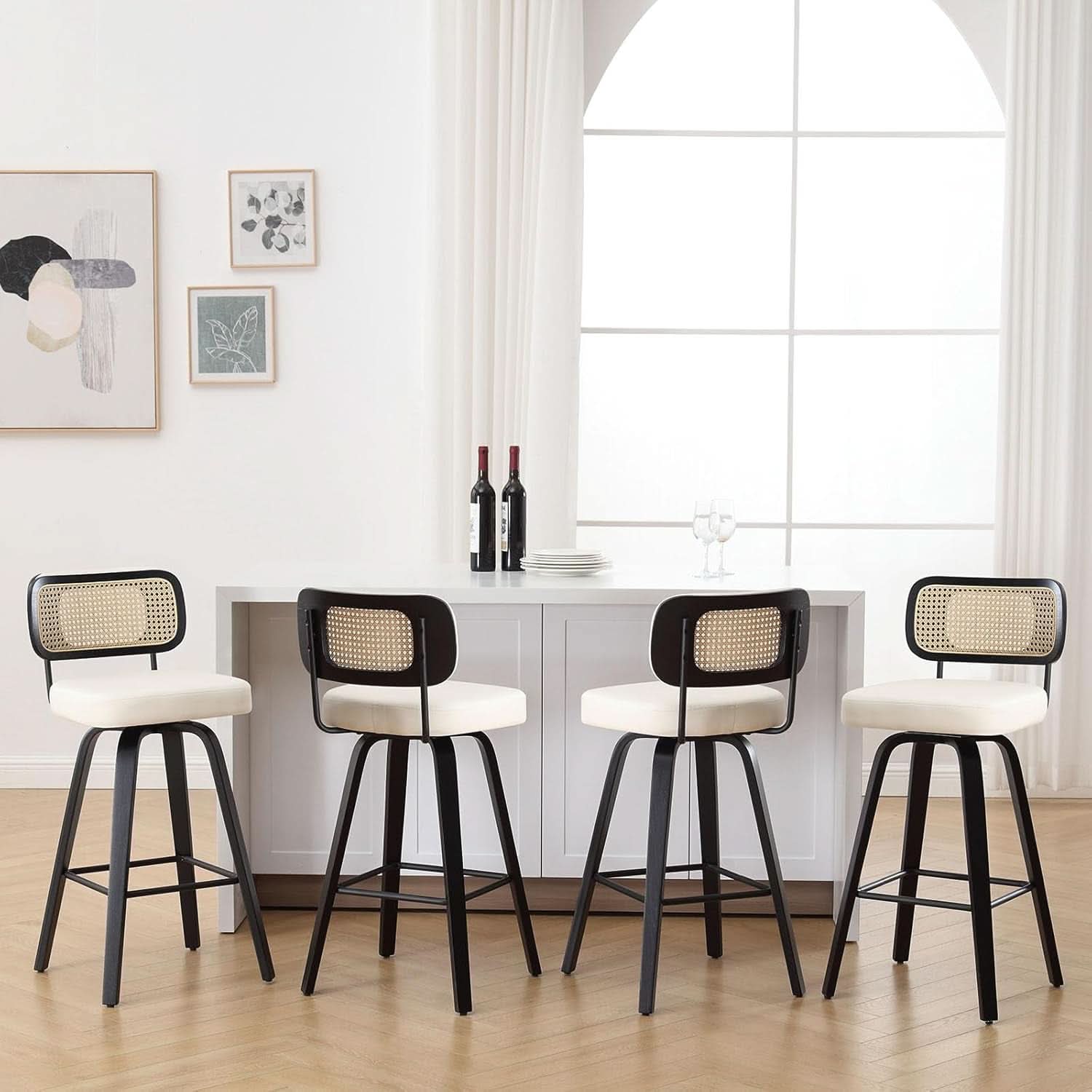 Swivel Counter Height Bar Stools Set Of 4 26-Inch Cream White Upholstery