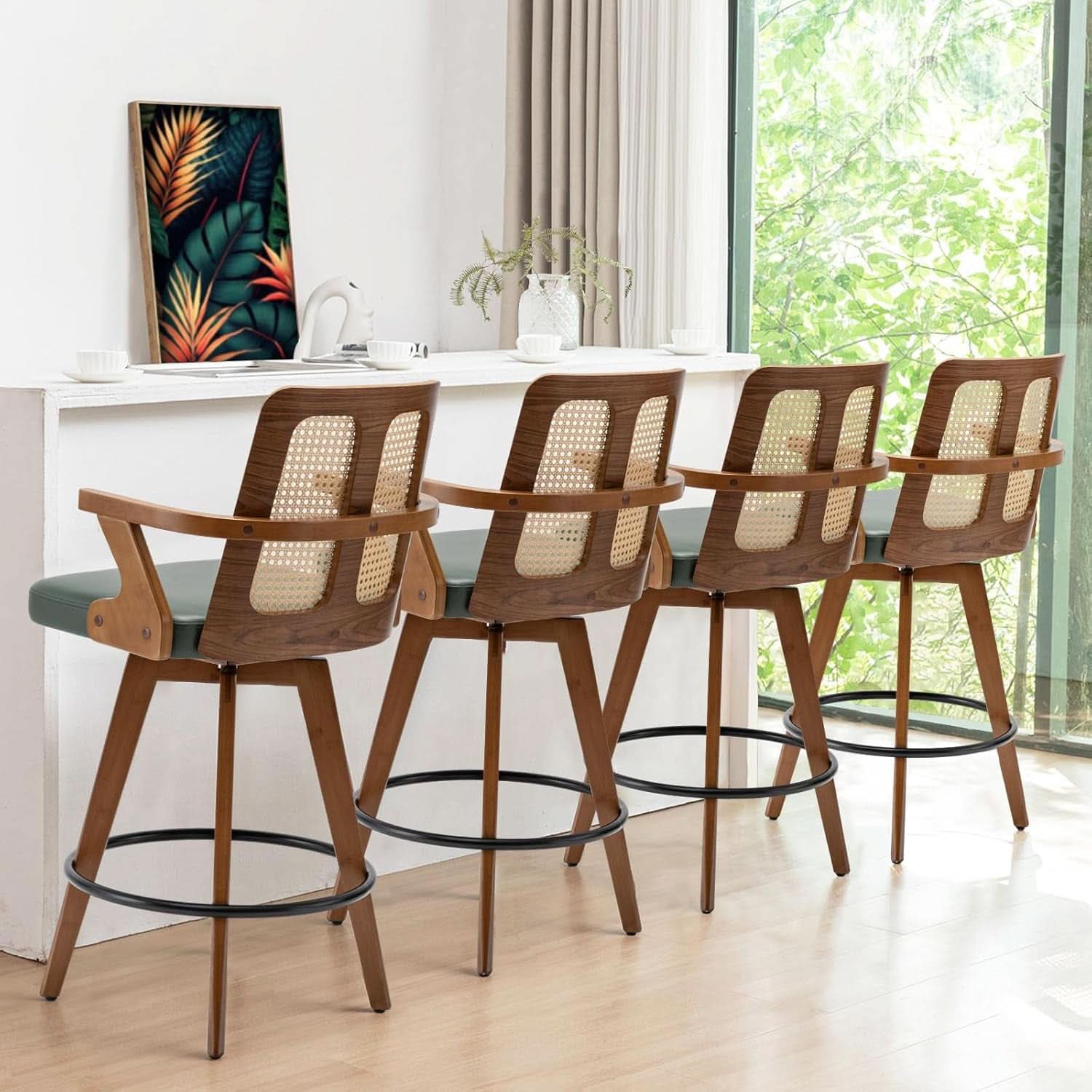 Swivel Counter Stools Set of Two with Rattan Back
