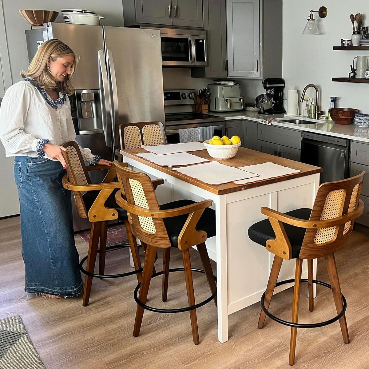 Swivel Counter Stools Set of Two with Rattan Back