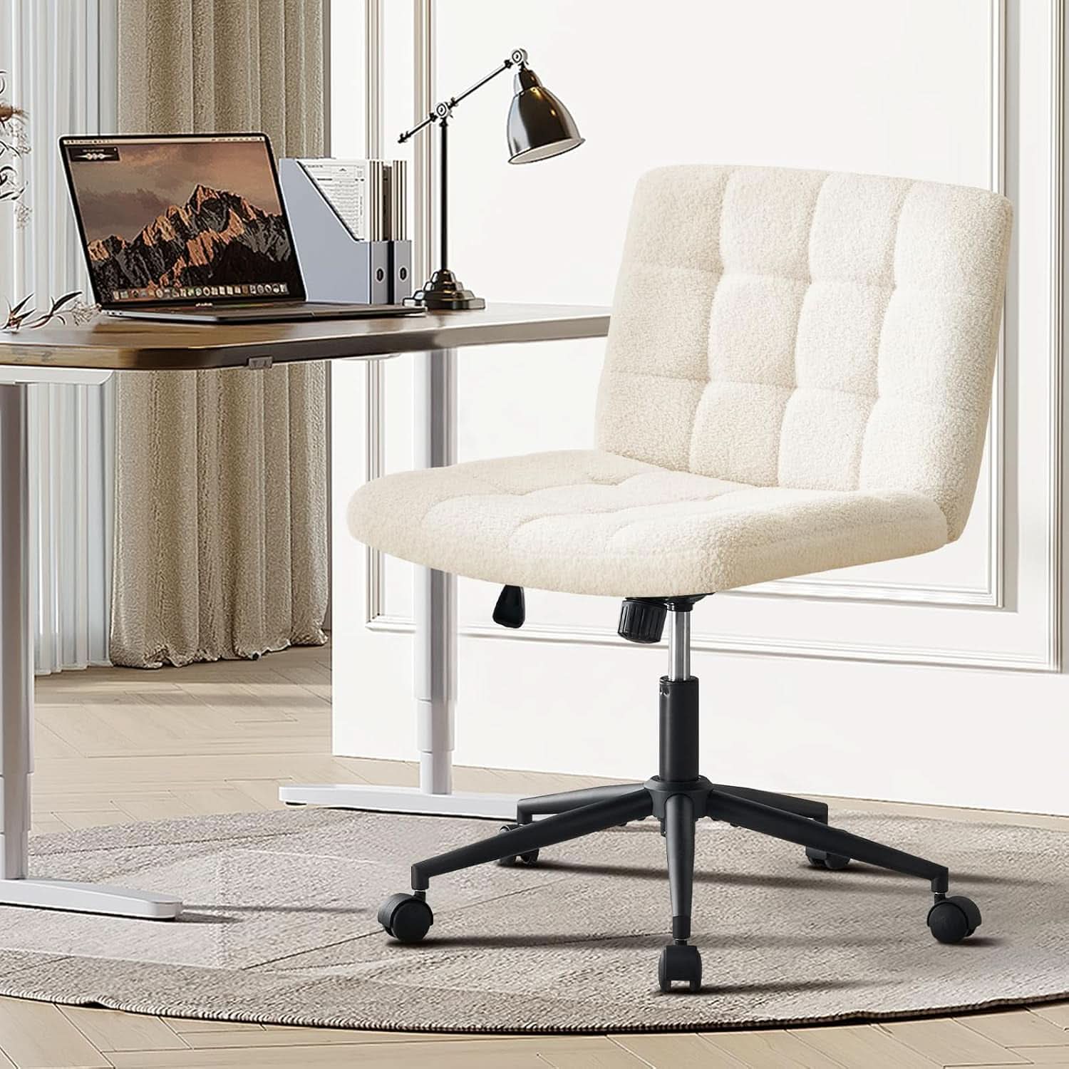 Swivel Faux Fur Armless Desk Chair With Wheels Height Adjustable