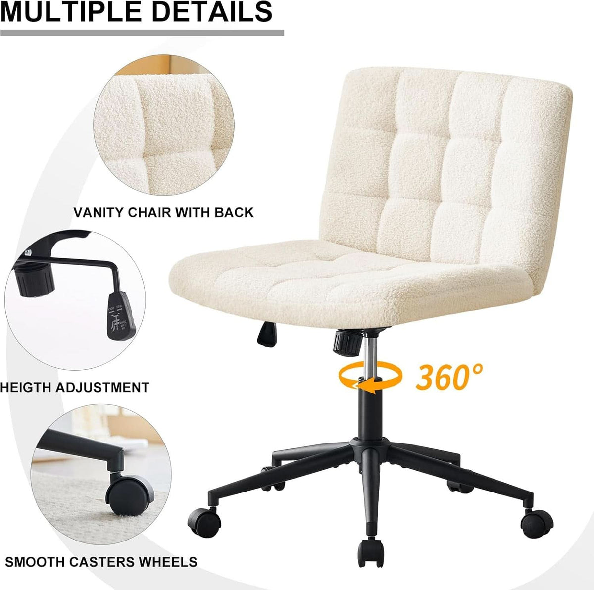 Swivel Faux Fur Armless Desk Chair With Wheels Height Adjustable