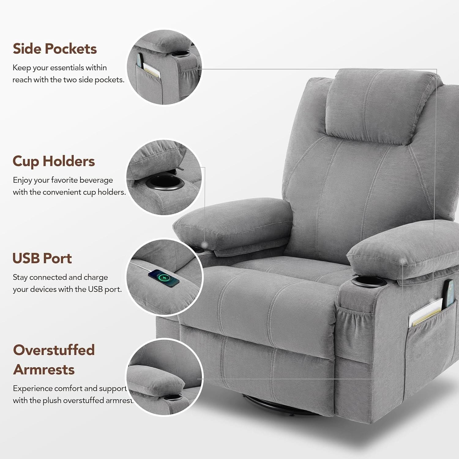 Swivel Recliner Chair With Heat Massage Function Ergonomic