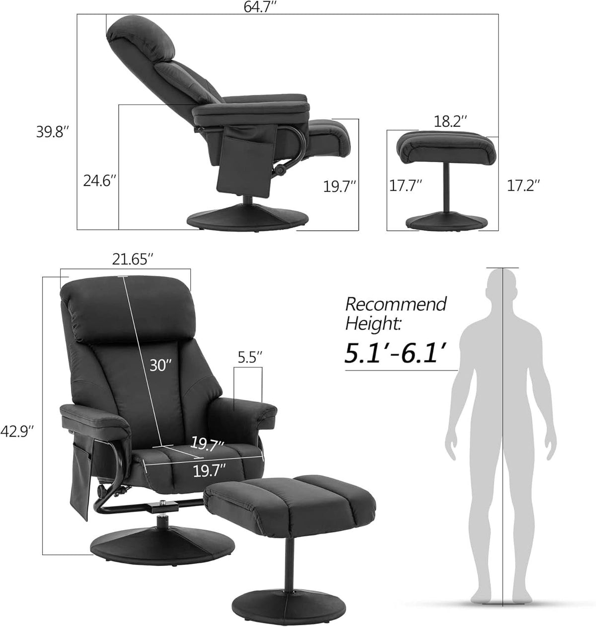 Swivel Recliner With Ottoman Black Faux Leather Massage