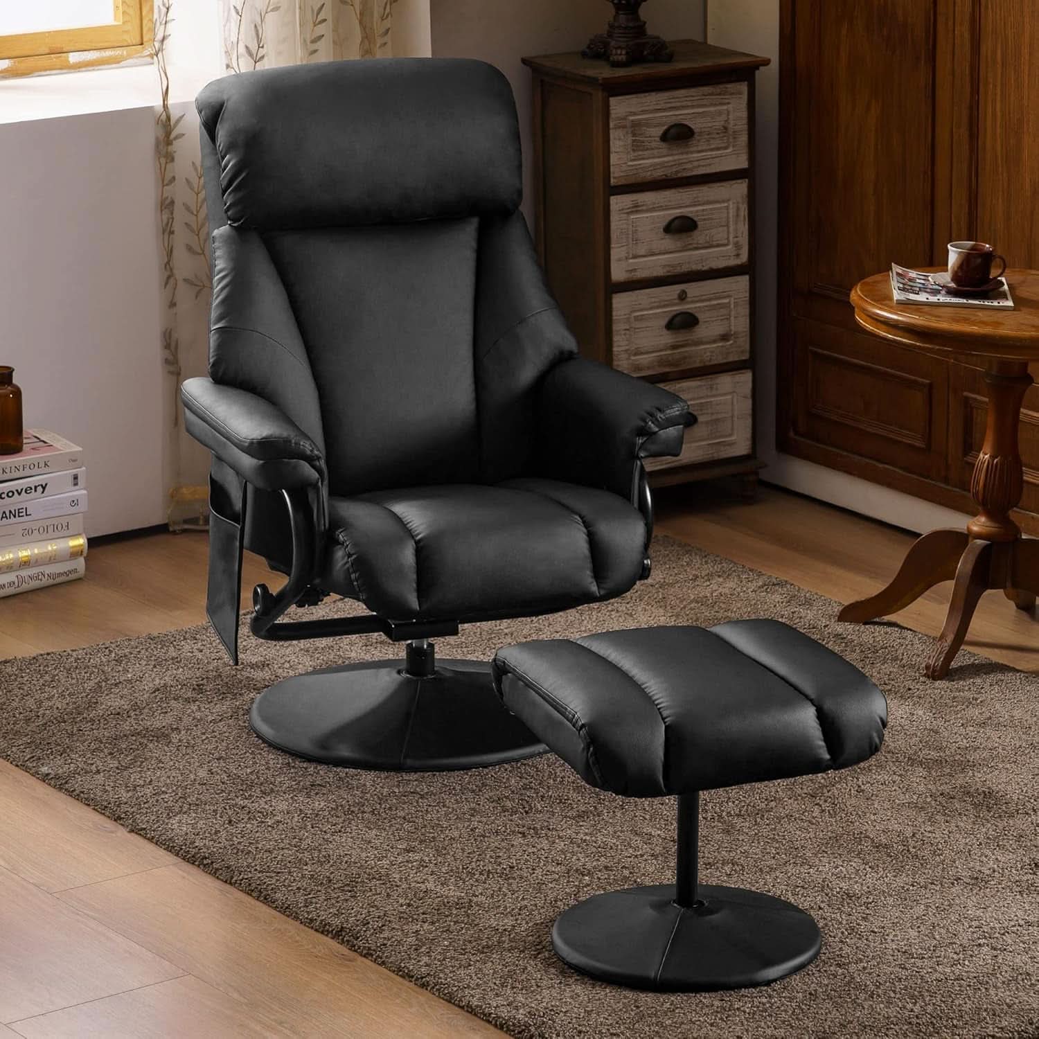 Swivel Recliner With Ottoman Black Faux Leather Massage