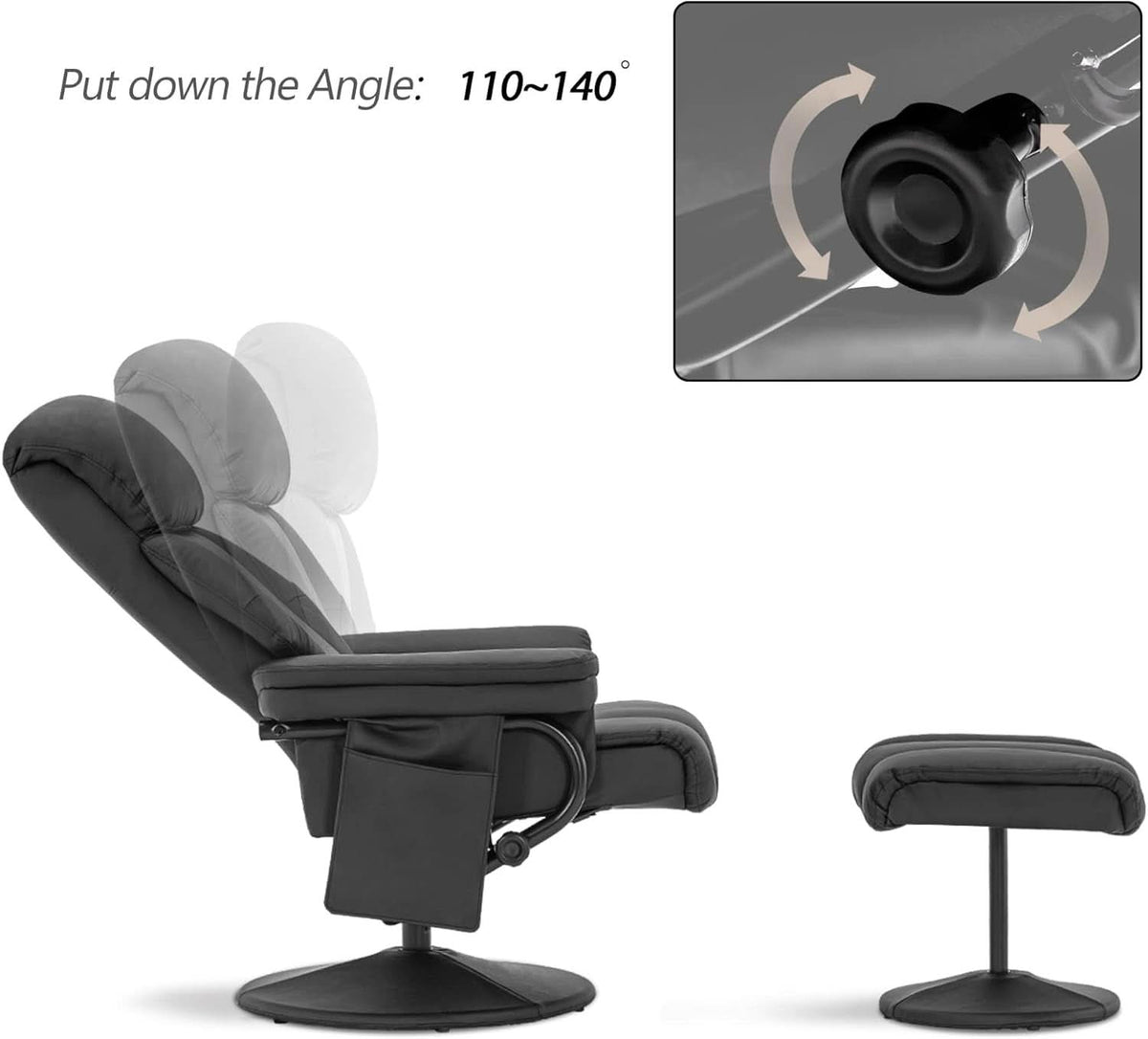 Swivel Recliner With Ottoman Black Faux Leather Massage