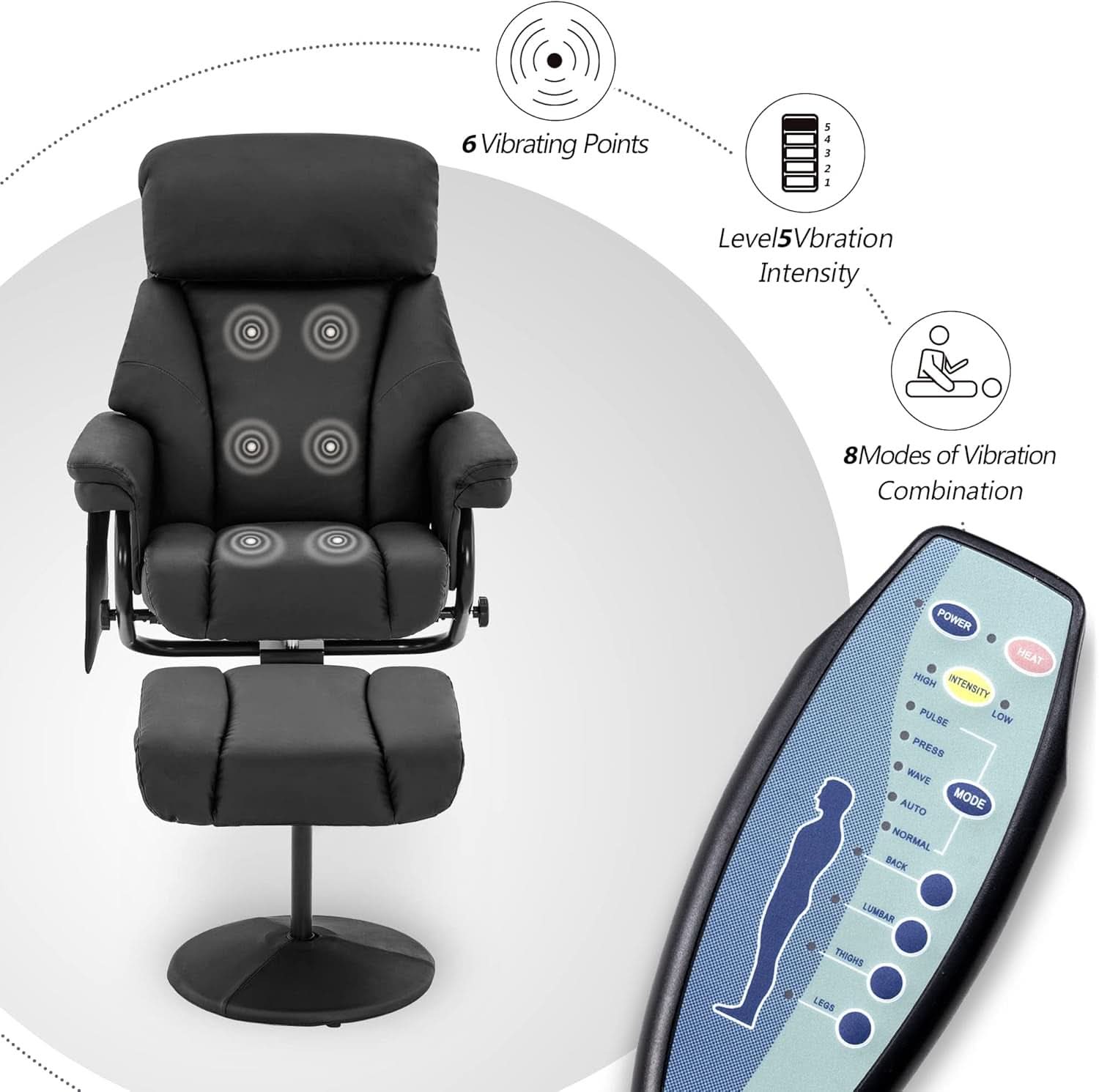 Swivel Recliner With Ottoman Black Faux Leather Massage