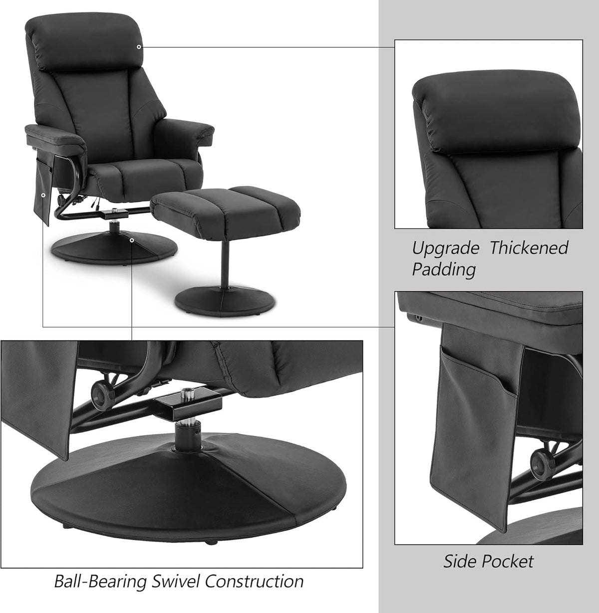 Swivel Recliner With Ottoman Black Faux Leather Massage