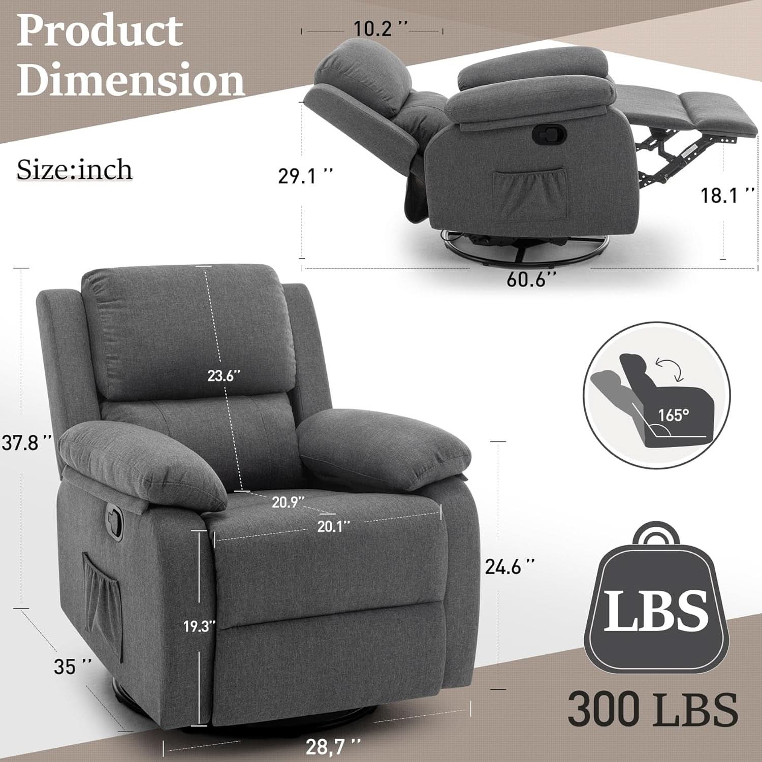 Swivel Rocker Recliner With Side Pockets Living Room Chair