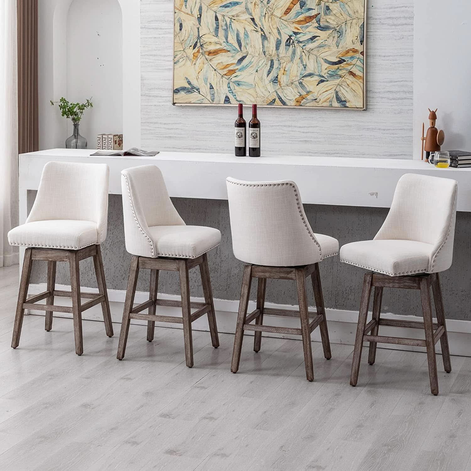 Swivel Upholstered Bar Stool With Back Wood Legs Set Of 4