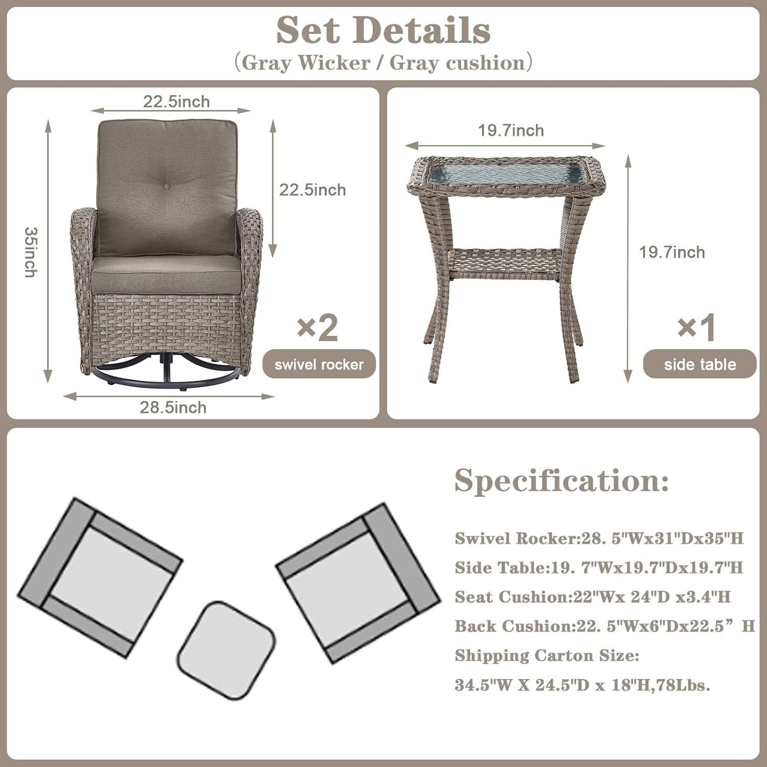 Swivel Wicker Patio Set With Water Resistant Cushions Gray