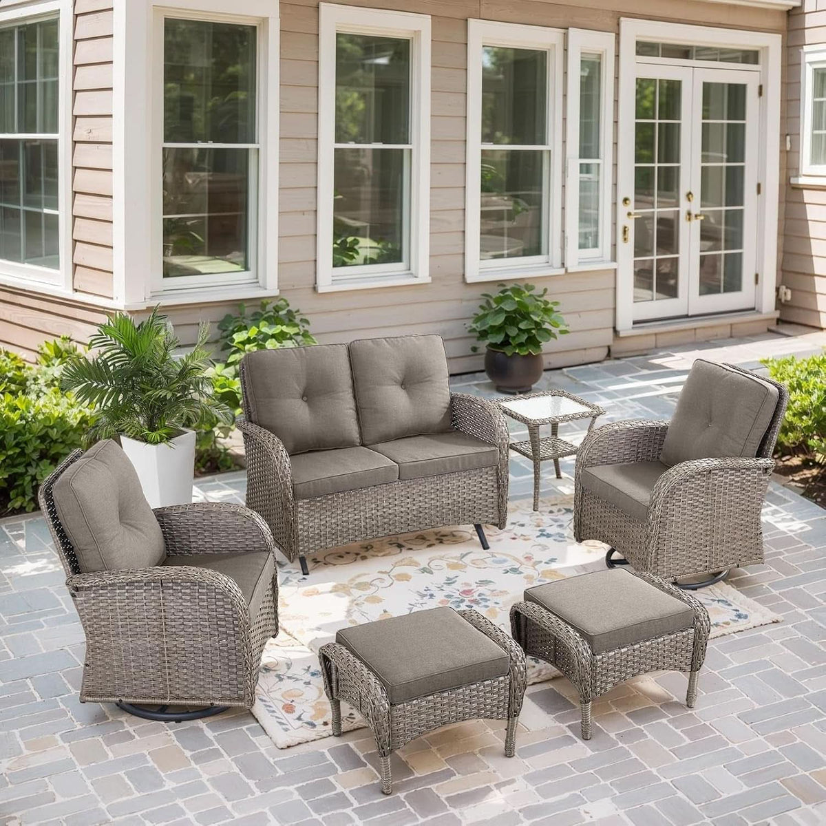 Swivel Wicker Patio Set With Water Resistant Cushions Gray