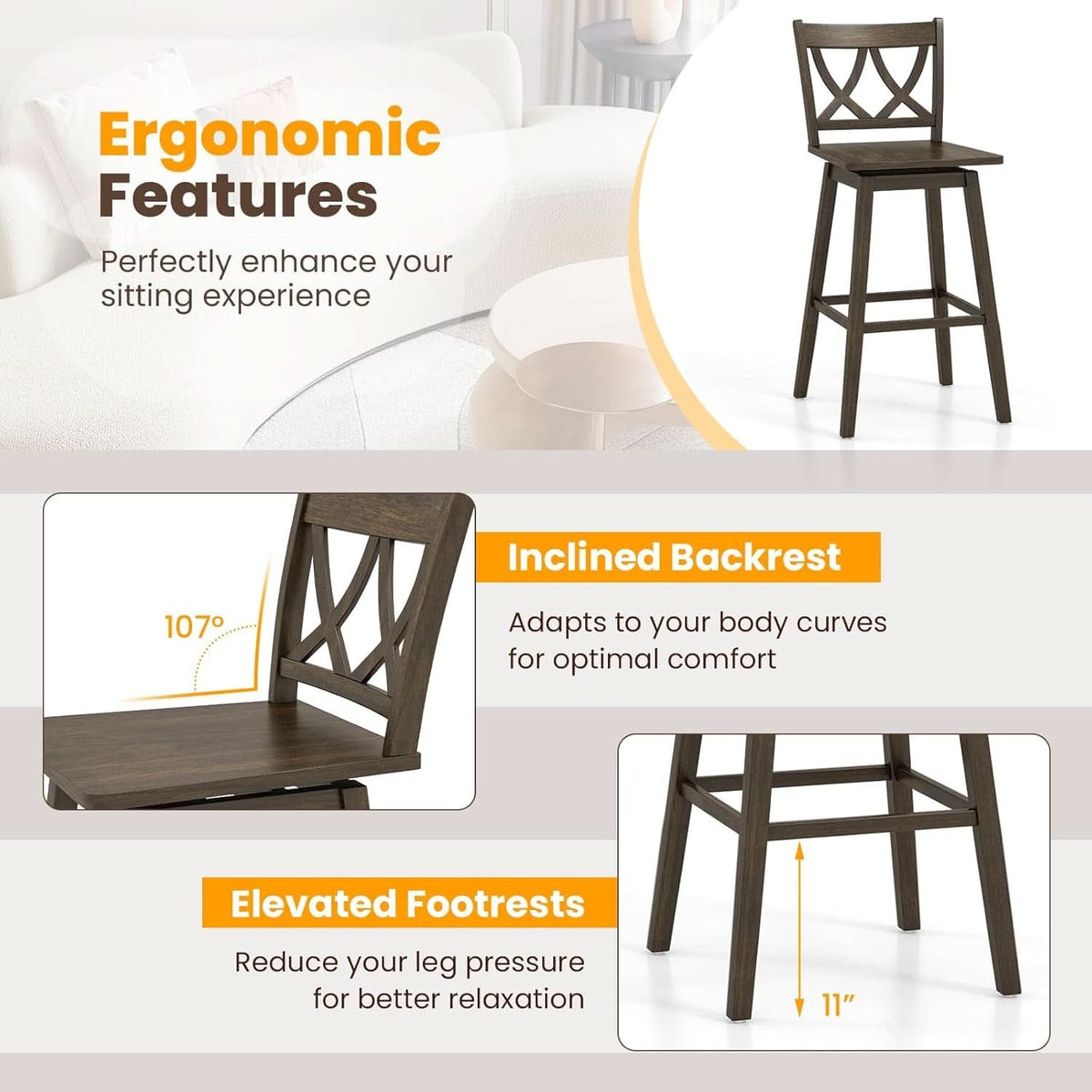Swivel Wooden Bar Stools Set of Four Dark Grey