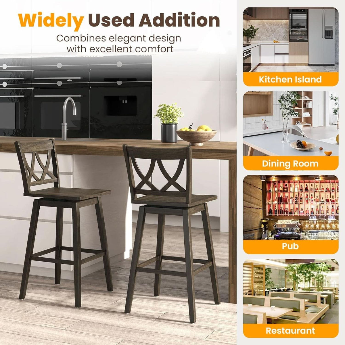 Swivel Wooden Bar Stools Set of Four Dark Grey
